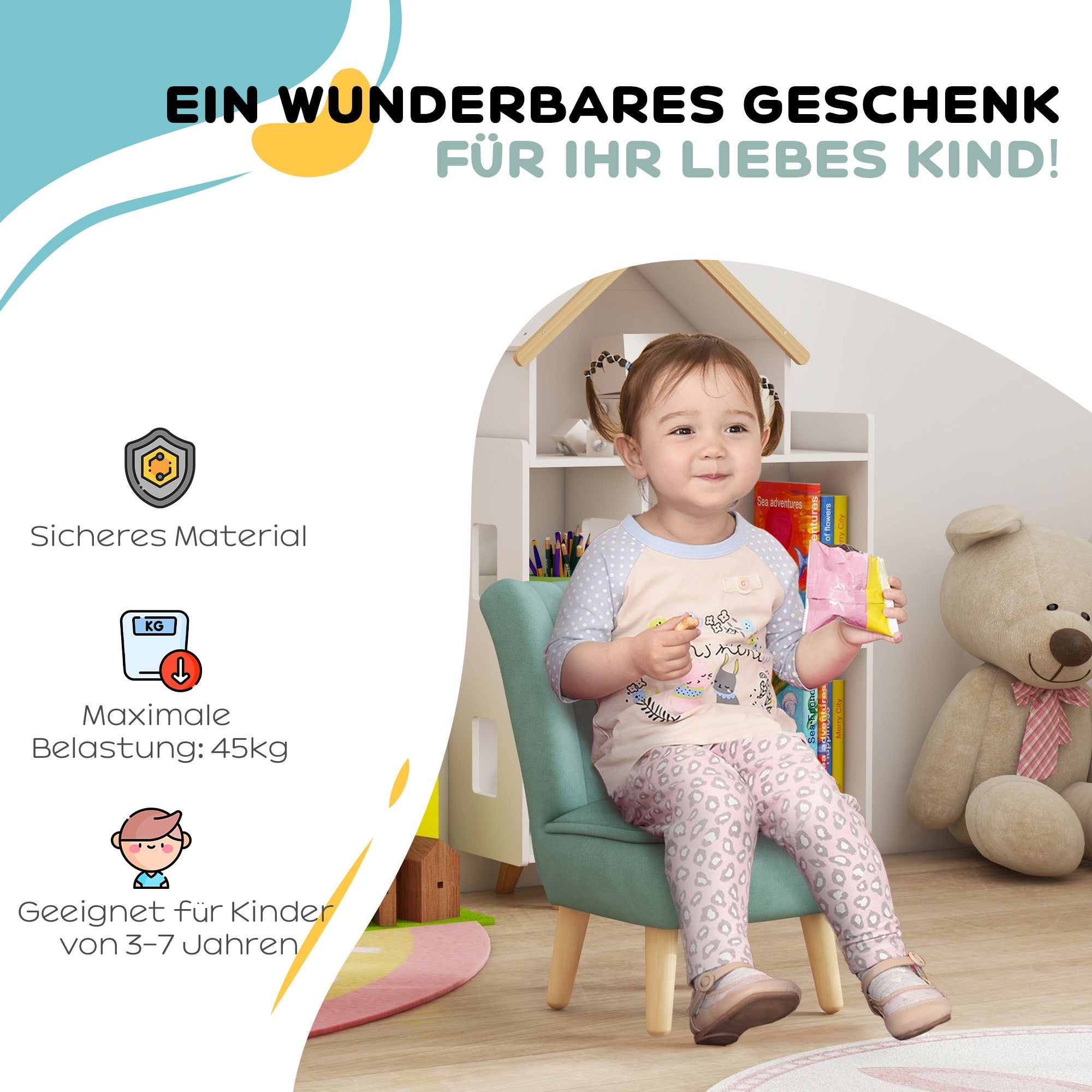 AIYAPLAY Kindersessel, Samtoptik, für 3-7 Jahre, bis 45 kg, Holzgestell, 44x45x56,5cm, Hellblau