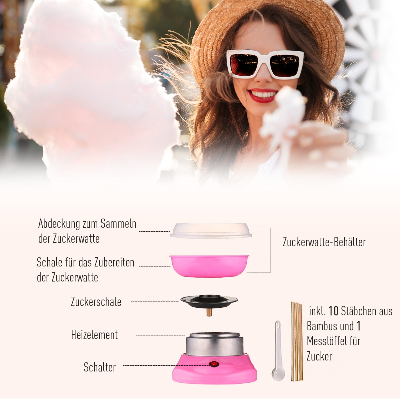 HOMCOM Zuckerwattemaschine, einfach zu bedienendes Zuckerwattegerät, für Erwachsene und Kinder, Edelstahl, PP, Rosa
