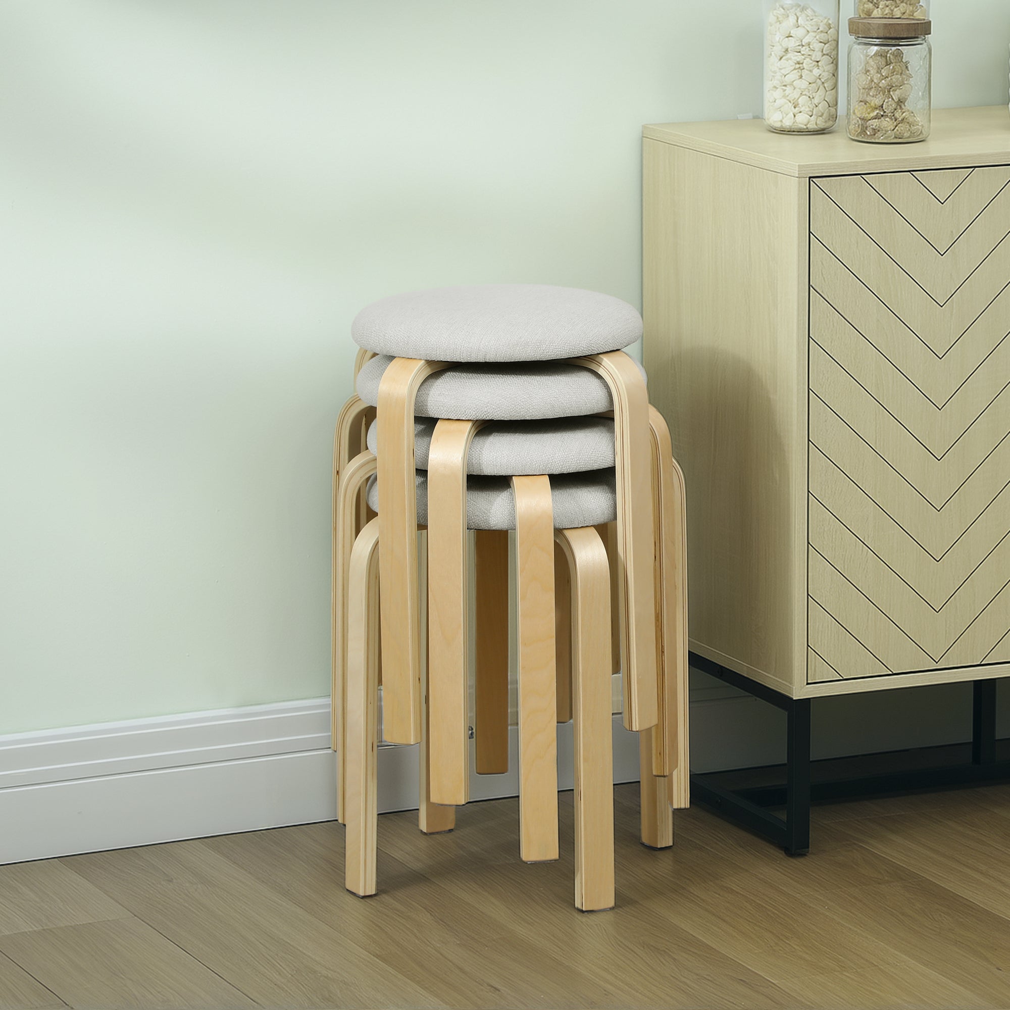 HOMCOM Polsterhocker im 4er-Set, stapelbar, lackierte Oberfläche, Holzbeine, Cremeweiß