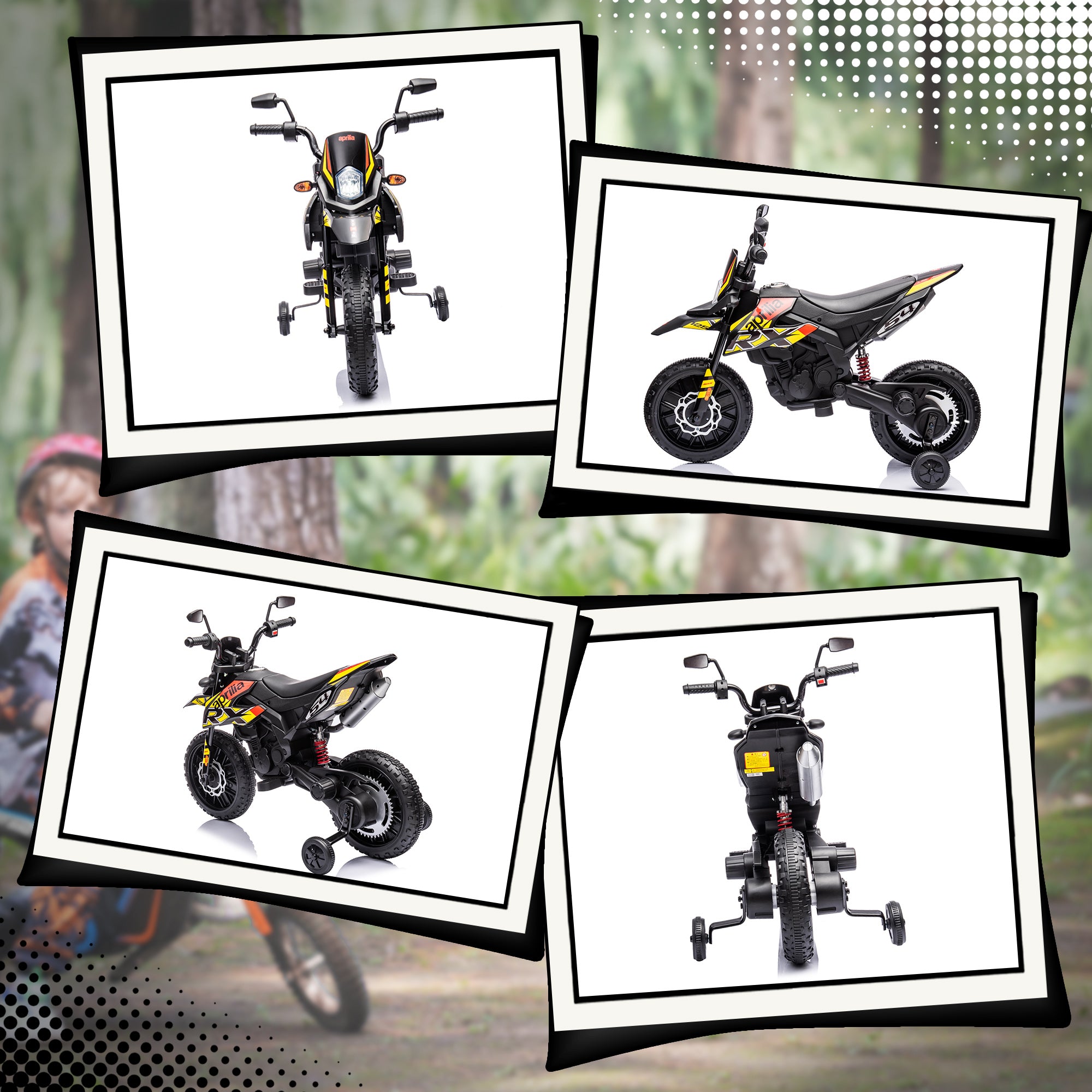 AIYAPLAY 12V Kinder-Motorrad mit Stützrädern, LED-Lichtern, Musik, USB, Elektro-Motorrad für Jungen und Mädchen, Gelb