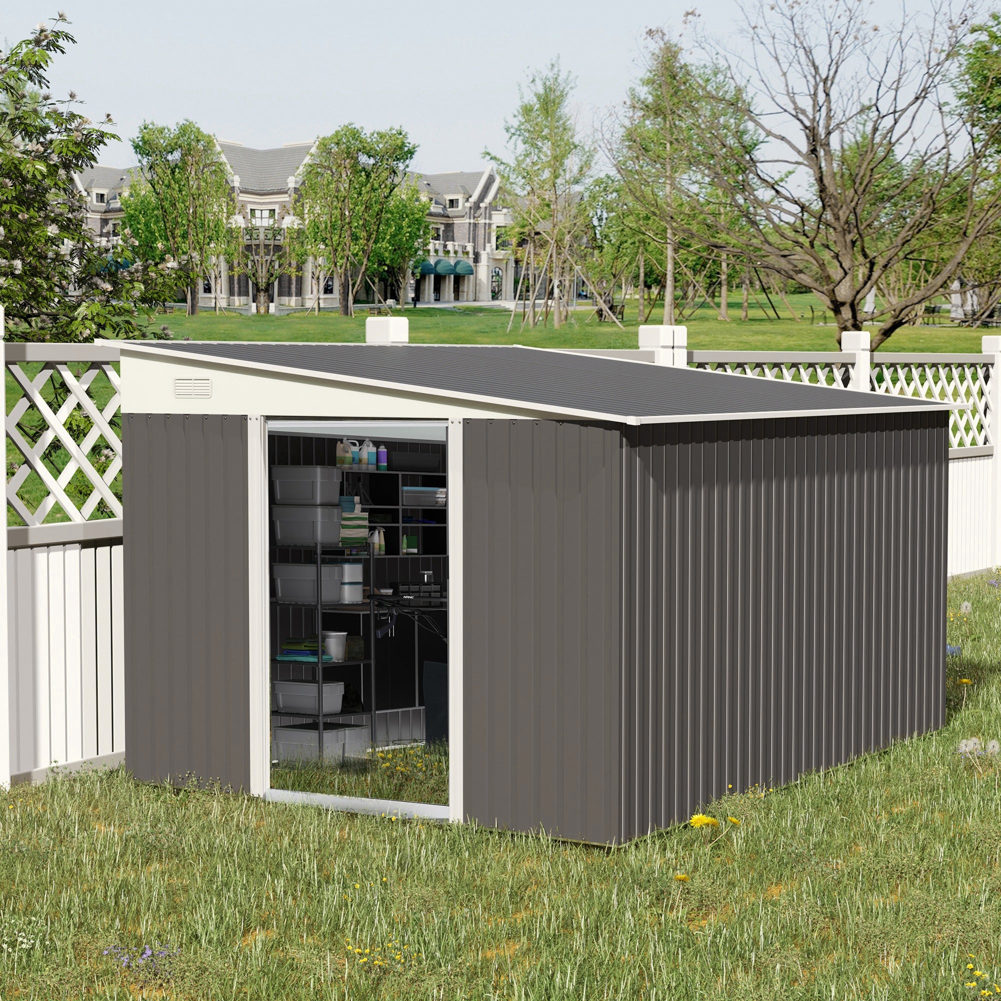 Outsunny Gerätehaus 8,9 m² Stahl-Gartenschuppen mit Schiebetür