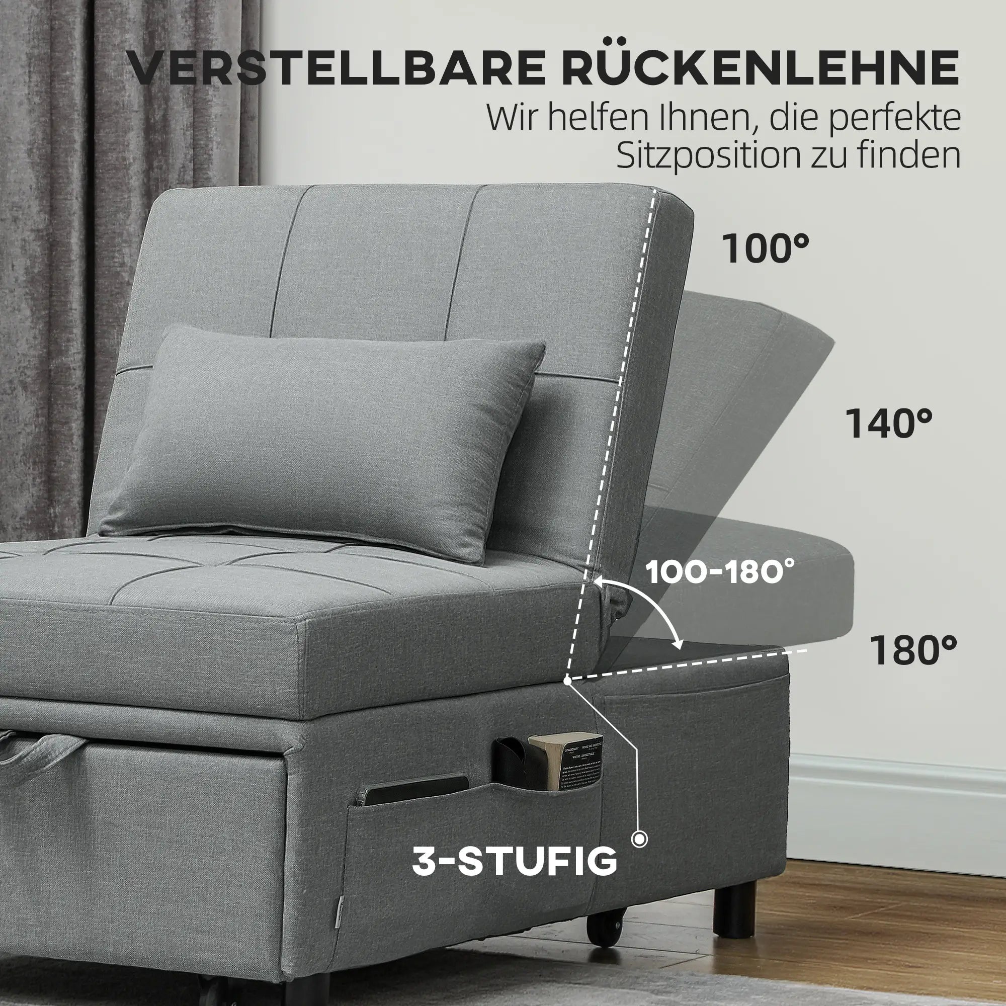 HOMCOM 3-in-1 Klappsessel mit Seitentasche, Gästebett mit Kissen, Verstellbarer Rückenlehne, Bettsessel mit Rollen, Hellgrau