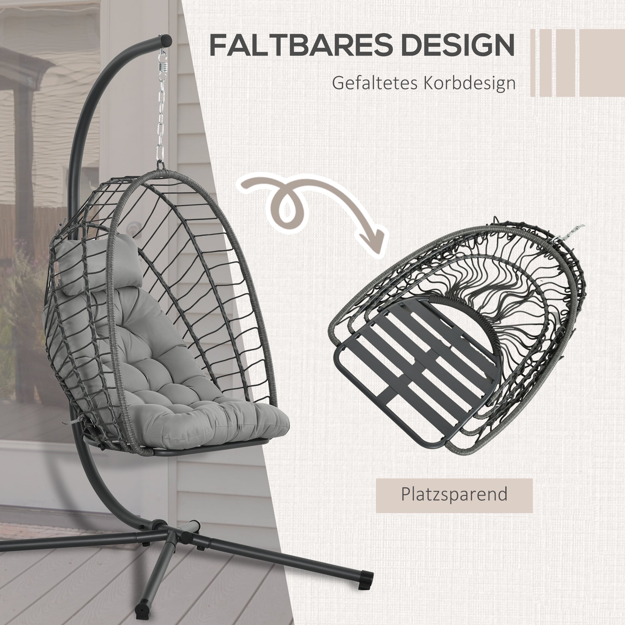Outsunny Hängesessel Korbsessel Loungesessel, wetterbeständig, 1 Polster, 100 cm x 131 cm x 194 cm, Hellgrau
