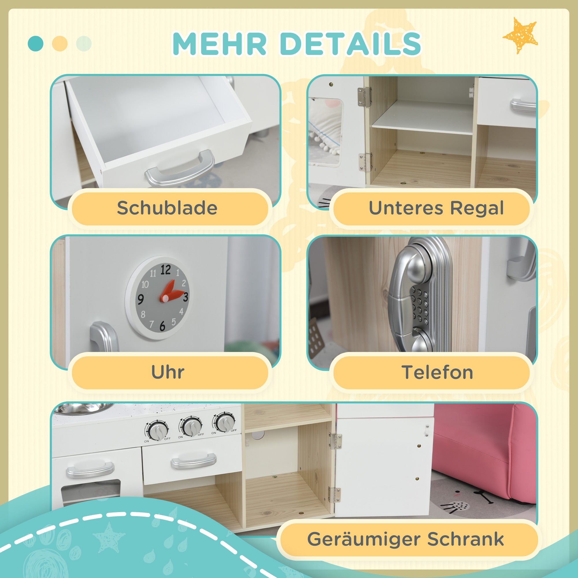 HOMCOM Kinderküche mit Zubehör, Traumküche, Spielküche, Spielzeugküche für Kinder ab 3 Jahren, Kiefer, MDF, Weiß, 74 x 30 x 81 cm