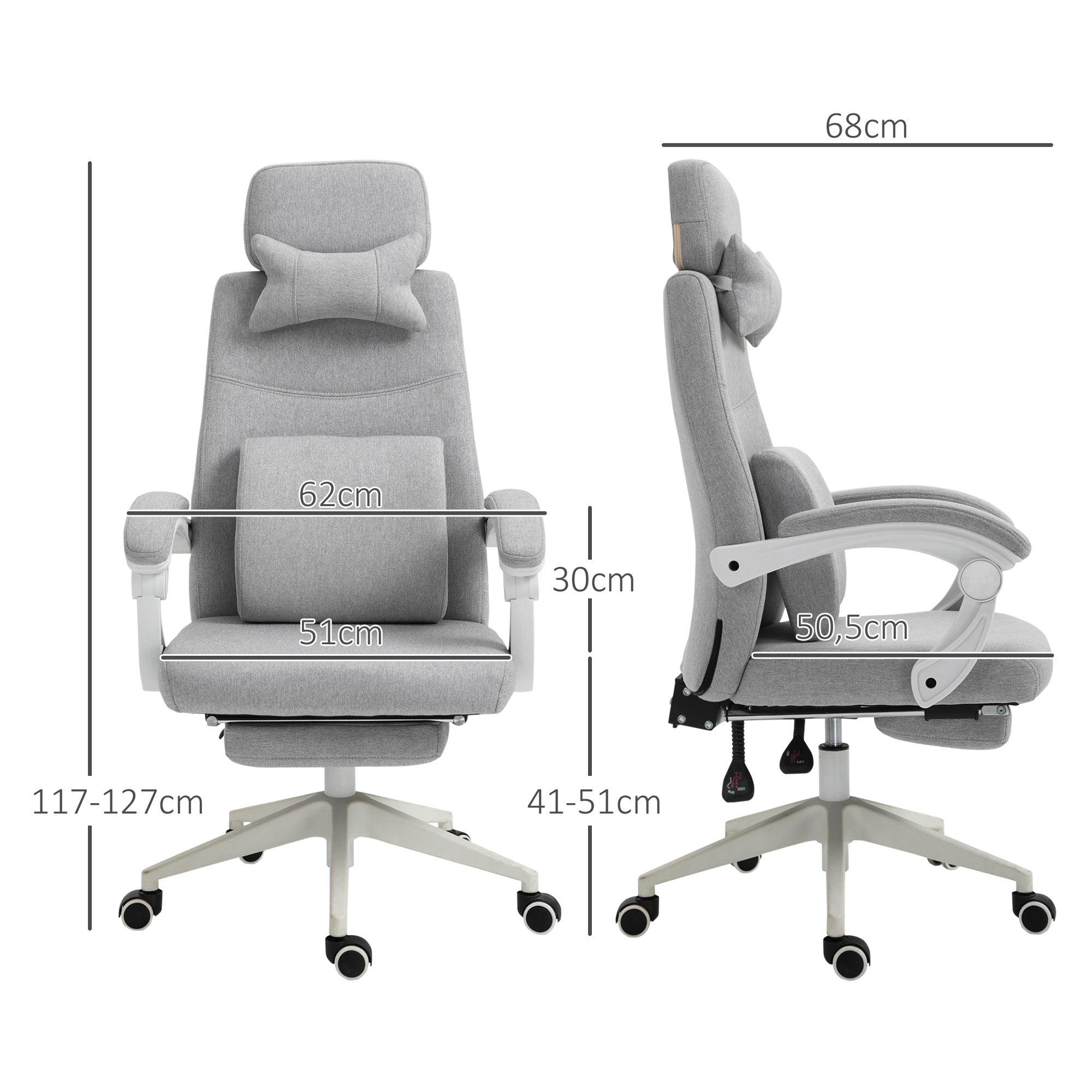 Vinsetto Bürostuhl, Ergonomischer Schreibtischstuhl mit Kopfkissen, Lendenkissen, höhenverstellbar Gamingstuhl mit Fußstütze, hoher Rückenlehne, Grau 62 x 68 x 117-127 cm