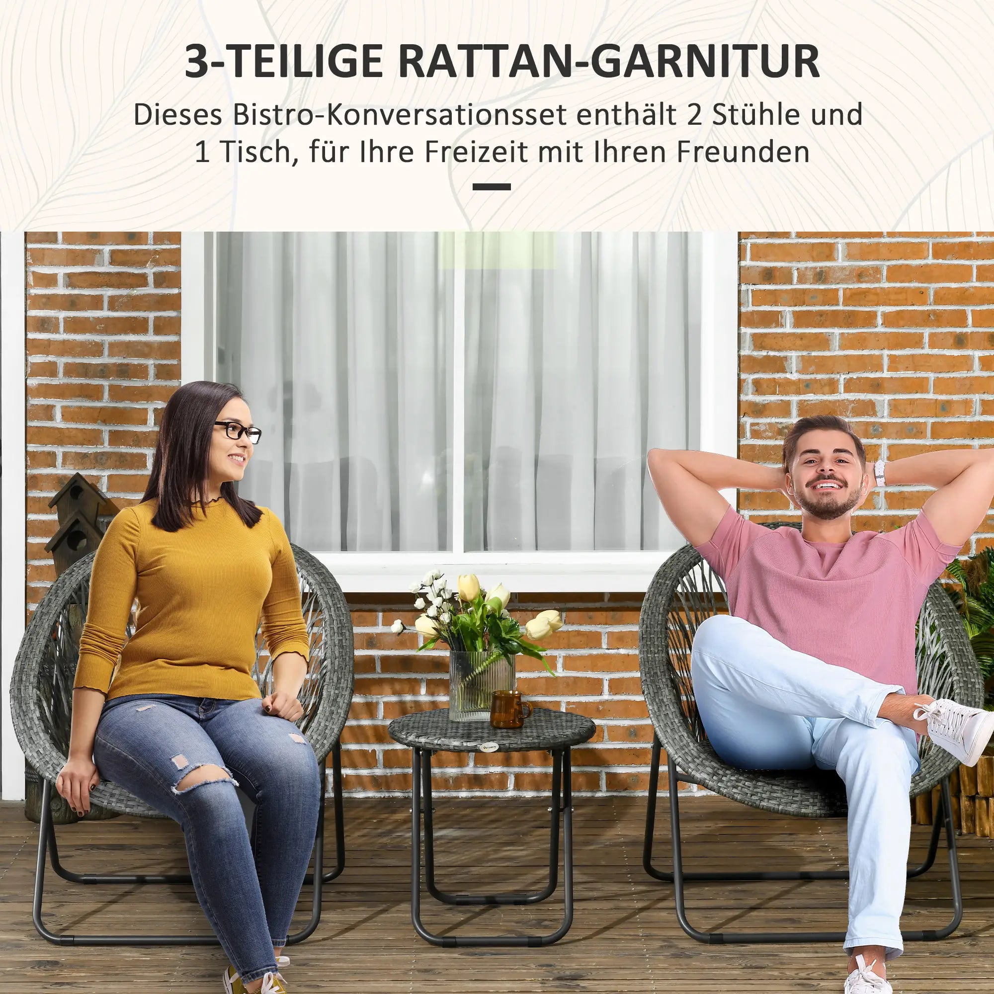 Outsunny Gartenmöbel-Set, 3-teilig, Rattanoptik, 2 Stühle, 1 Tisch, klappbar, Grau