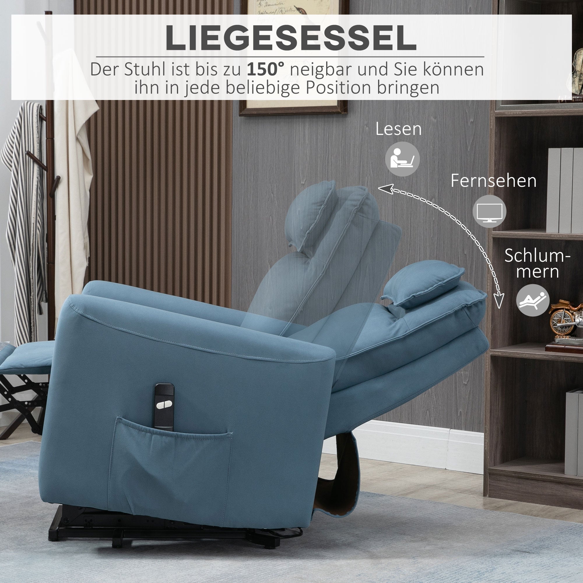 HOMCOM Aufstehhilfe Relaxsessel Fernsehsessel, integrierte Fußstütze, Seitentasche, Kabelfernbedienung, 84 x 89,5 x 105 cm,Blau
