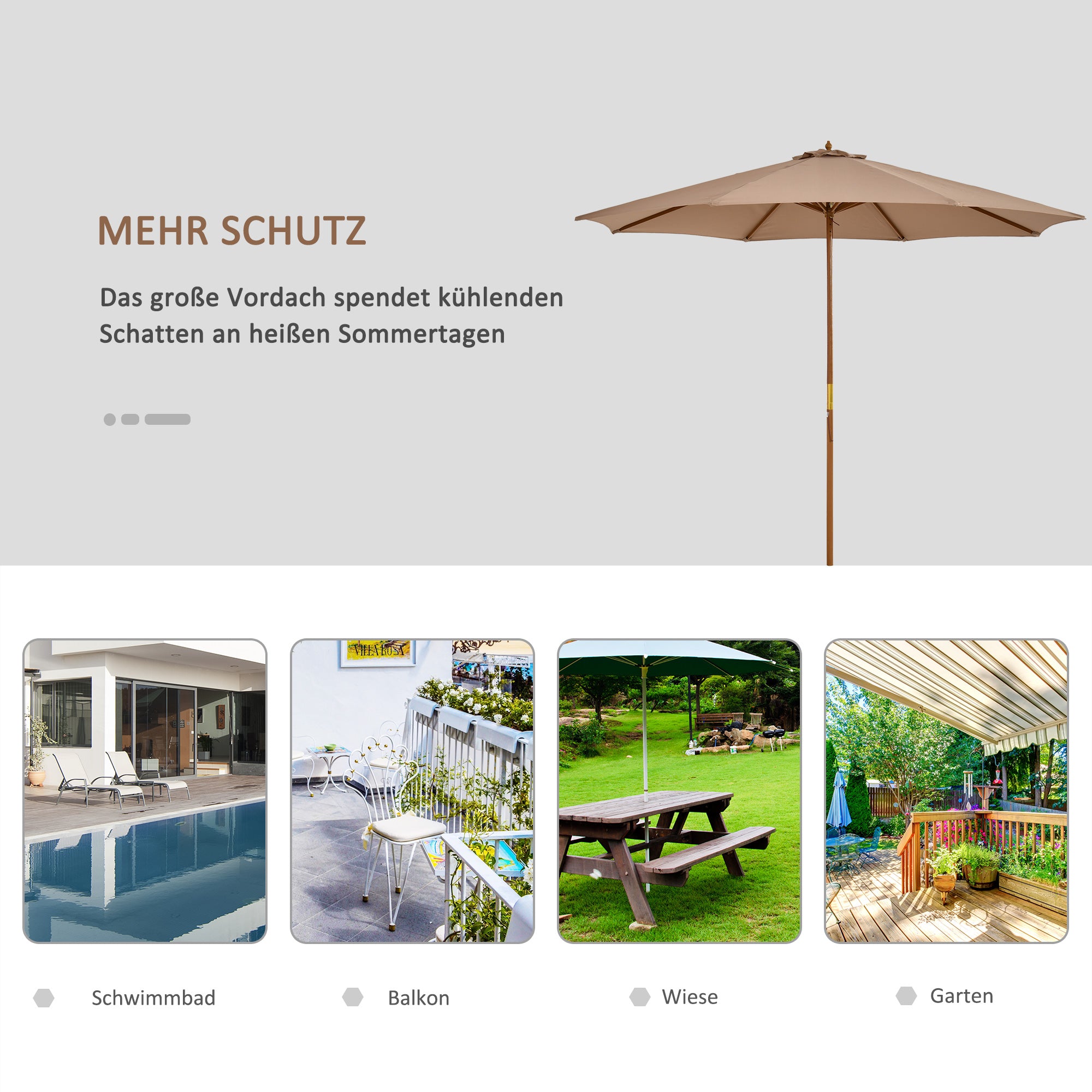 Outsunny Sonnenschirm Ø 300 cm, Sonnenschirm mit UV Schutz Balkonschirm aus Holz Strandschirm stabil Marktschirm Sonnenschutz für Strand Terrasse Garten, Khaki