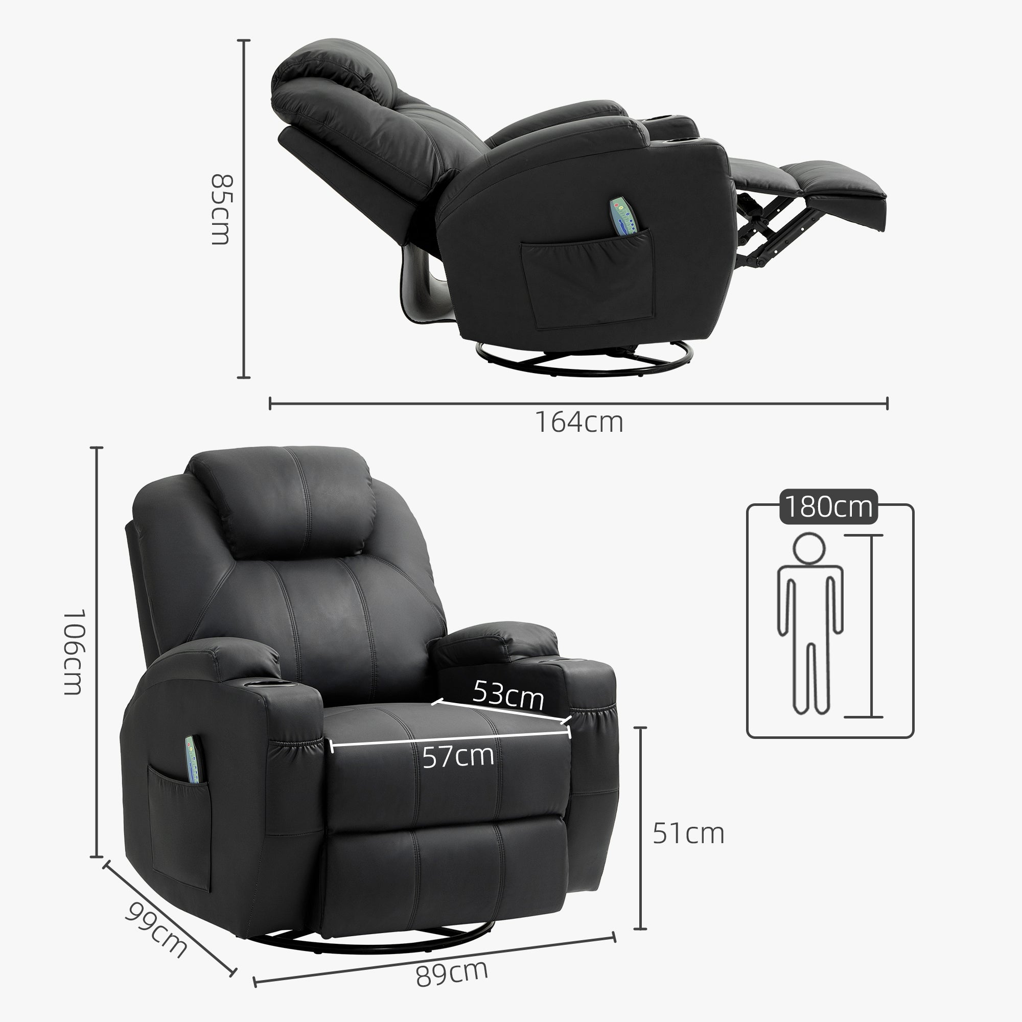 HOMCOM Relaxsessel mit Massagefunktion, neigbare Lehne, drehbar, bis 150 kg, Kunstleder, Schwarz