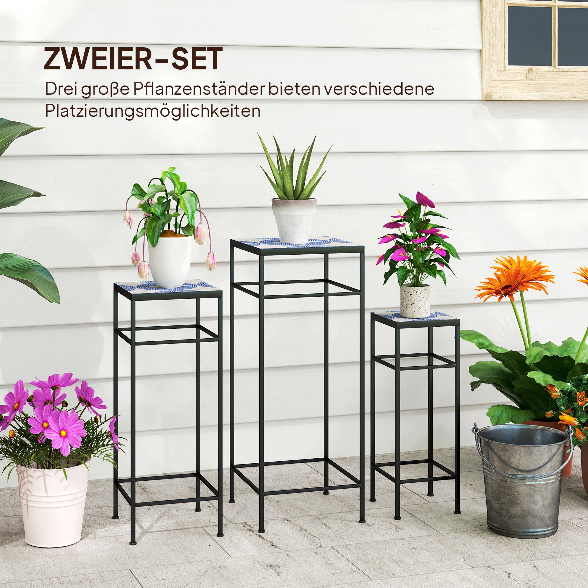 Outsunny 3er-Set Pflanzenständer, 3 verschieden große Gestelle zum Präsentieren von Blumen und anderen Gegenständen, Blau+Weiß