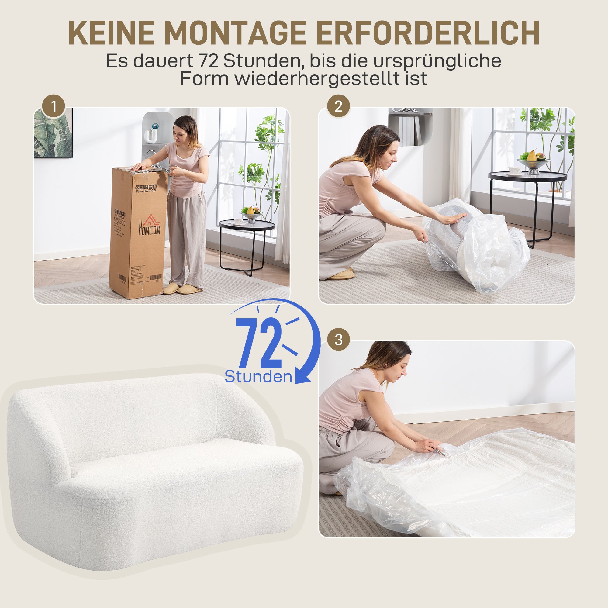 HOMCOM 2-Sitzer-Sofa, geschwungenes Design, Polstersofa mit Fleece-Bezug, für Wohnzimmer, Schlafzimmer, Homeoffice, Cremeweiß