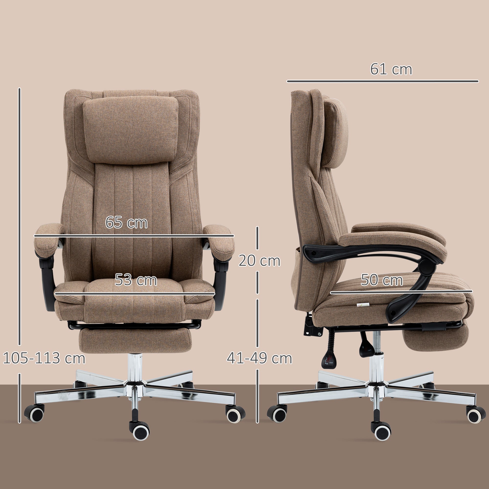 Vinsetto Bürostuhl mit Massagefunktion, neigbare Rücklehne, ausziehbare Fußstütze, Leinenoptik, 65 x 61 x 113 cm, Braun