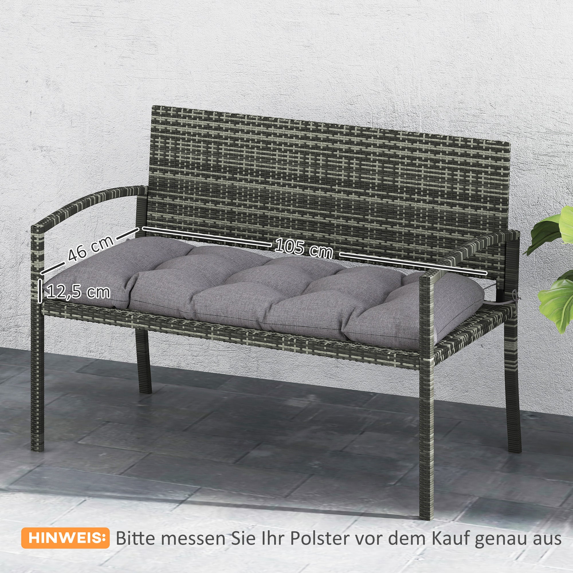 Outsunny Bankauflage 105 x 46 x 12,5 cm Bankkissen mit Bändern, Outdoor Sitzkissen für Gartenmöbel, Sitzbank, Grau