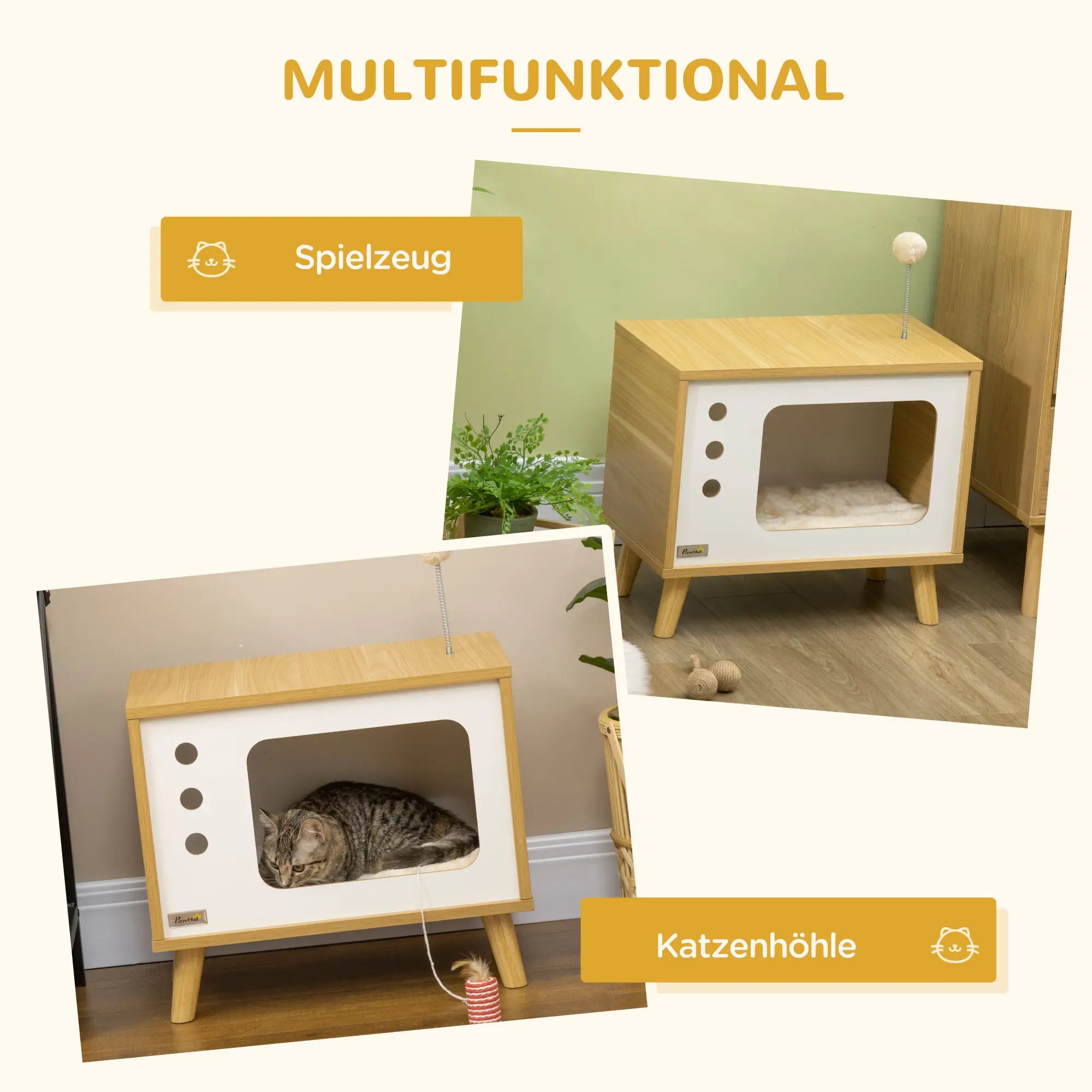 PawHut Katzenhöhle imTV-Design inkl. Spielzeug, waschbares Kissen, 50 cm x 28 cm x 43 cm, Eiche + Beige + Weiß
