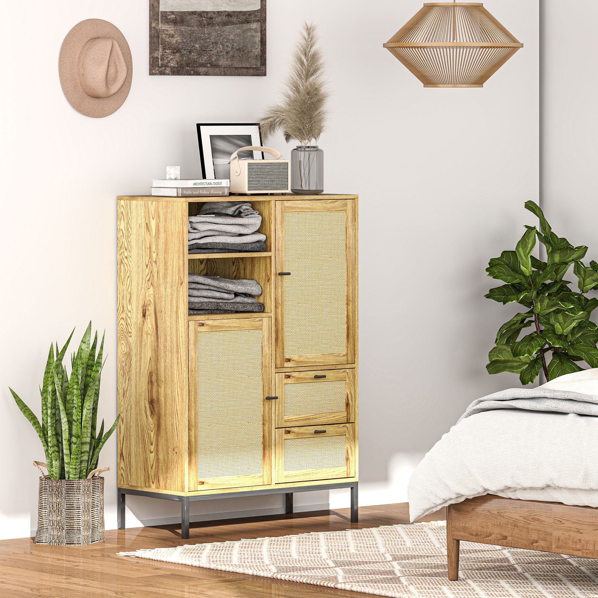 HOMCOM Aufbewahrungsschrank, Flexible Kommode mit Rattan-Türen, Schubladen und verstellbaren Regalen, 80B x 40T x 120H cm