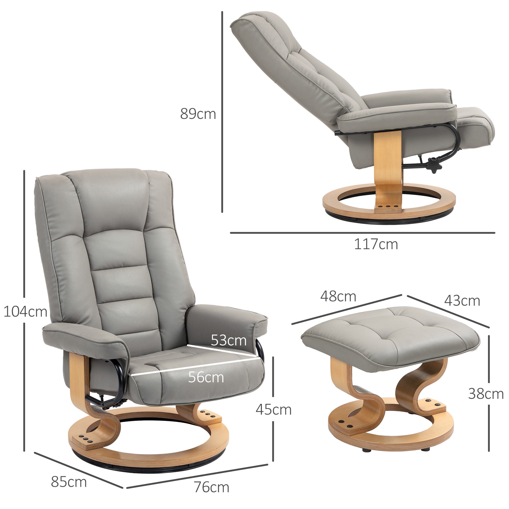 HOMCOM Relaxsessel mit Hocker, drehbar & neigbar, Kunstlederbezug, bis 150 kg, Holzgestell, Grau