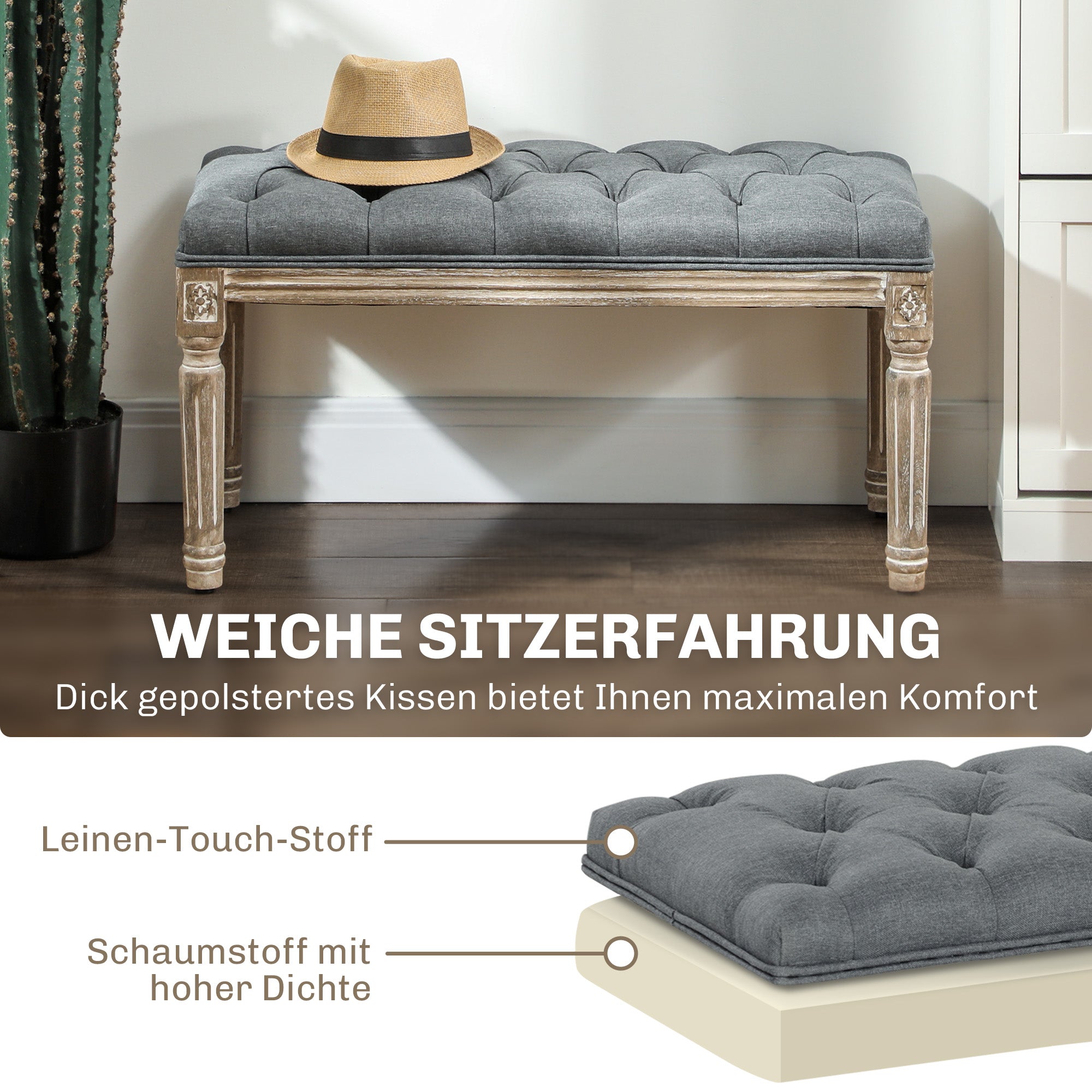 HOMCOM Polsterbank, Sitzbank, Bettbank mit Leinenoptik, Schminkbank für Flur, Diele, Schlafzimmer, Gummiholz, Grau, 81 x 41 x 41 cm