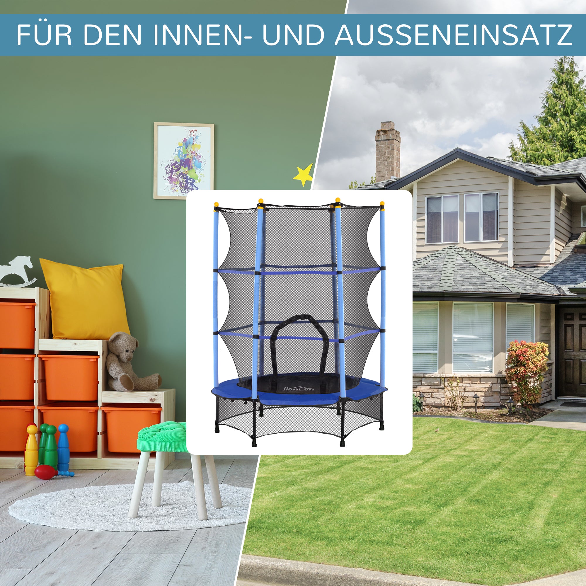 HOMCOM Trampolin für Kinder, Ø140 cm, mit Sicherheitsnetz, für innen und außen, Stahl, Kunststoff, belastbar bis 50 kg, Blau