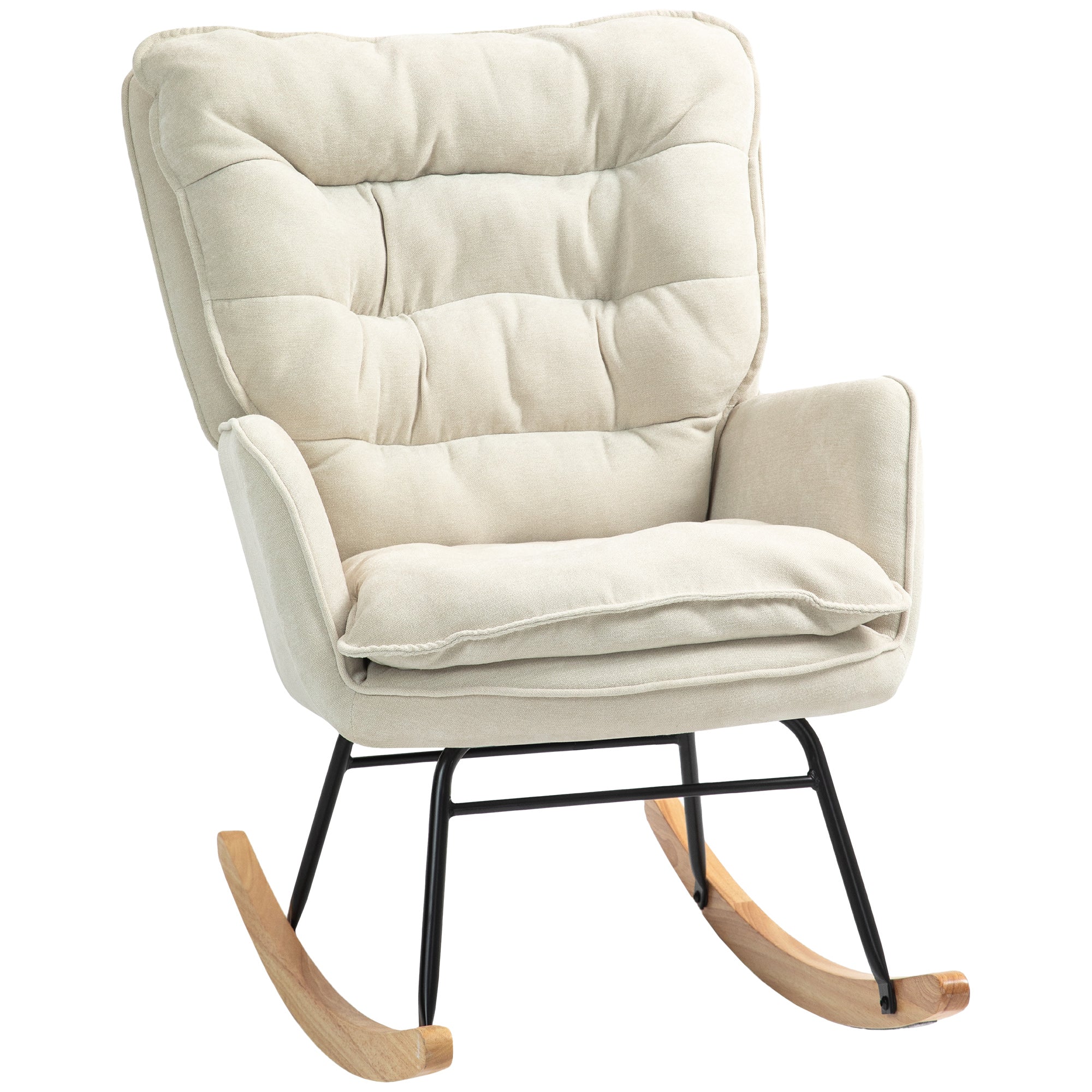 HOMCOM Schaukelstuhl, breiter Sitz, hohe Rückenlehne, Buchenholzrahmen, bis 120 kg, Beige