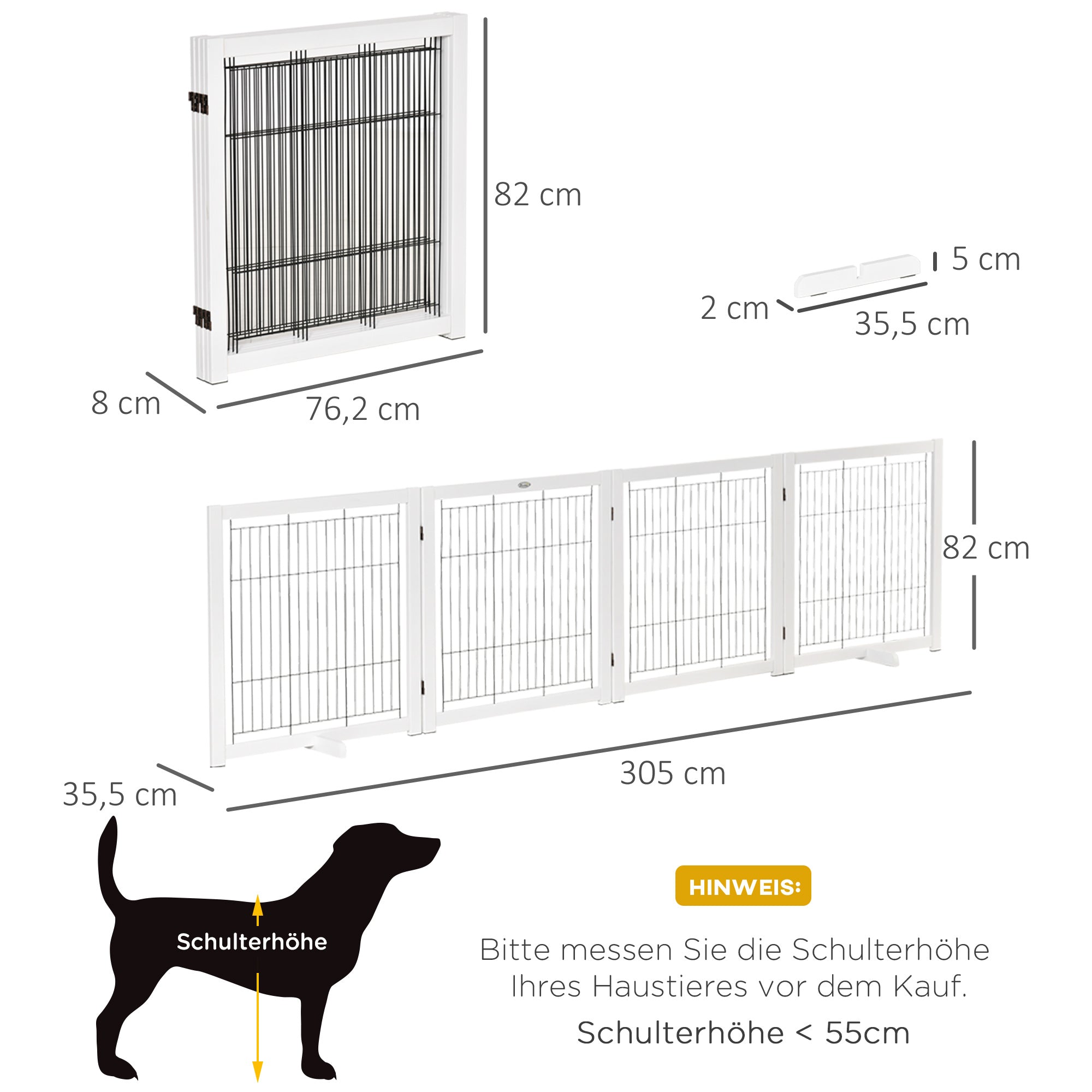 PawHut Türschutzgitter Holz Absperrgitter für Hunde Schutzgitter Hundegitter Sicherheitstür Bidirektionales Falten Stahl Weiß 305 x 35,5 x 82 cm