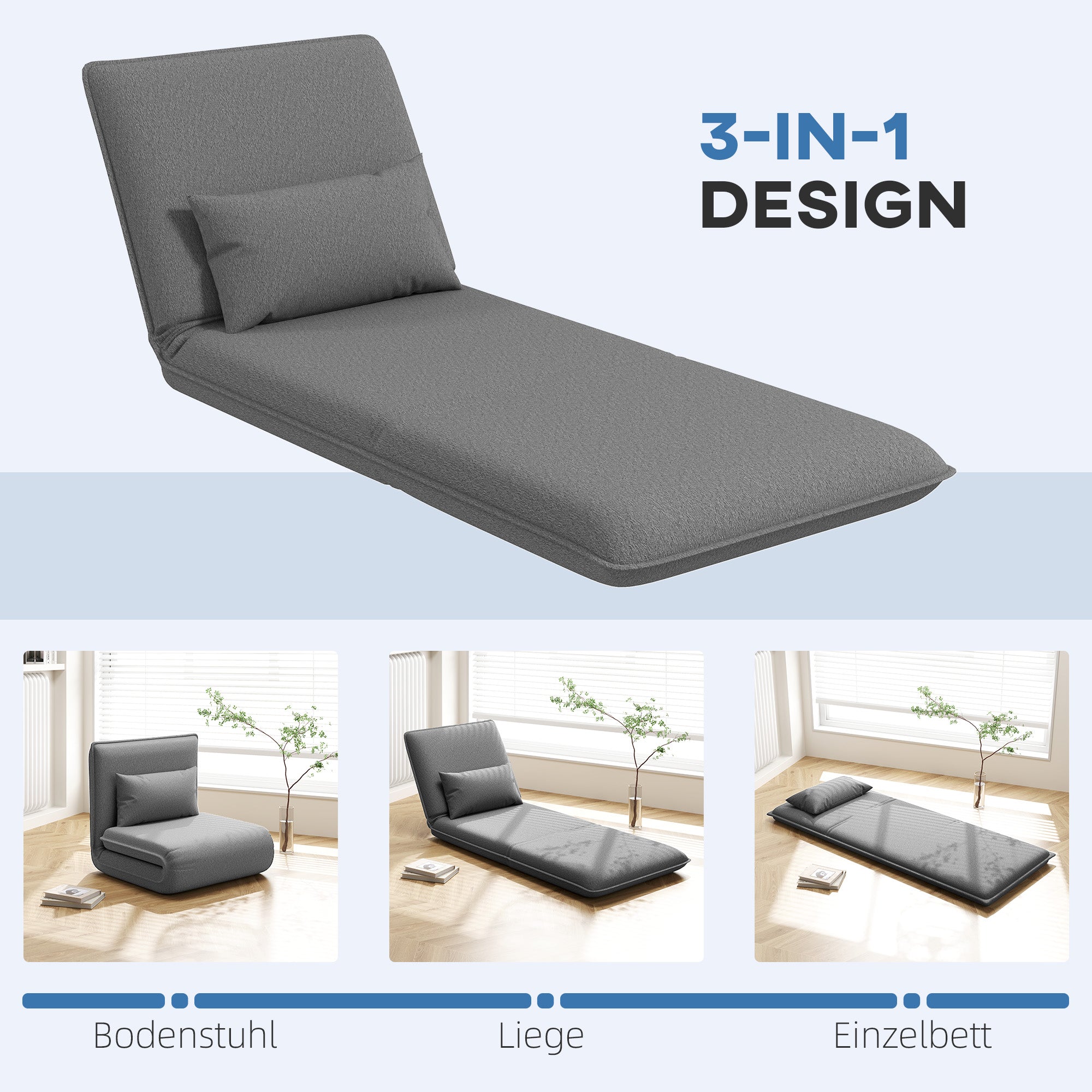 HOMCOM Bodensessel, 3-in-1-Design, Verstellbarer Bodenstuhl, Chaiselongue für Wohnzimmer, Schlafzimmer, Gästezimmer, Büro, Grau