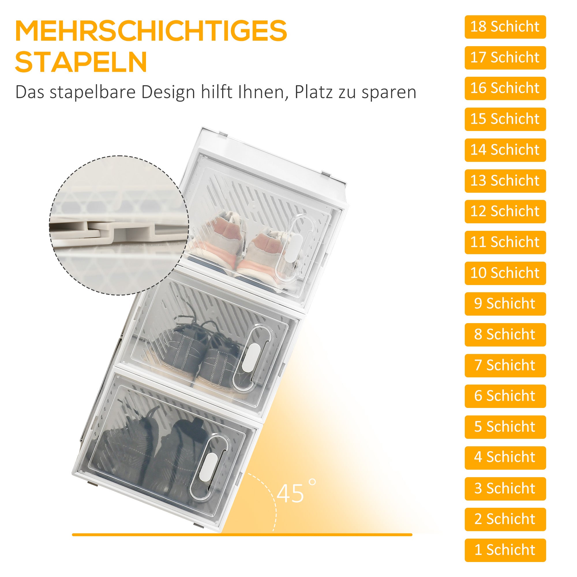 HOMCOM 18-teiliges Schuhregal, stapelbare Schuhboxen für Schuhe bis Größe 45, magnetische Türen, Kunststoff, 28 x 36 x 21 cm