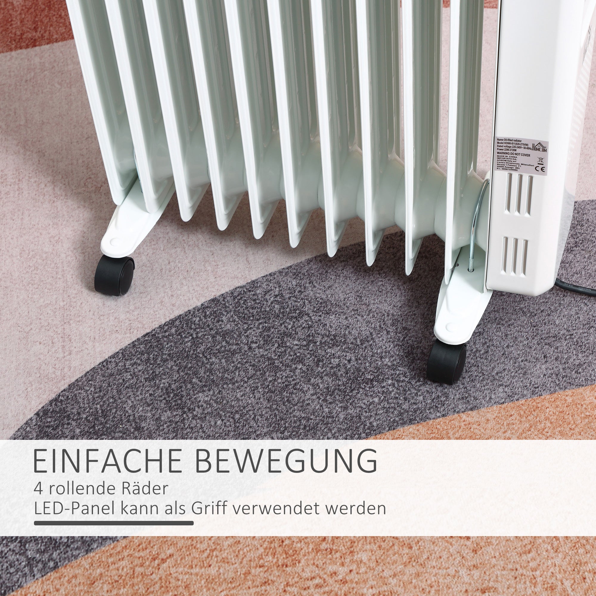 HOMCOM Ölheizung, 2500W, 3 Heizstufen, Zeitschaltuhr, frei beweglich, Stahl, weiß, 50,5 x 24 x 63 cm