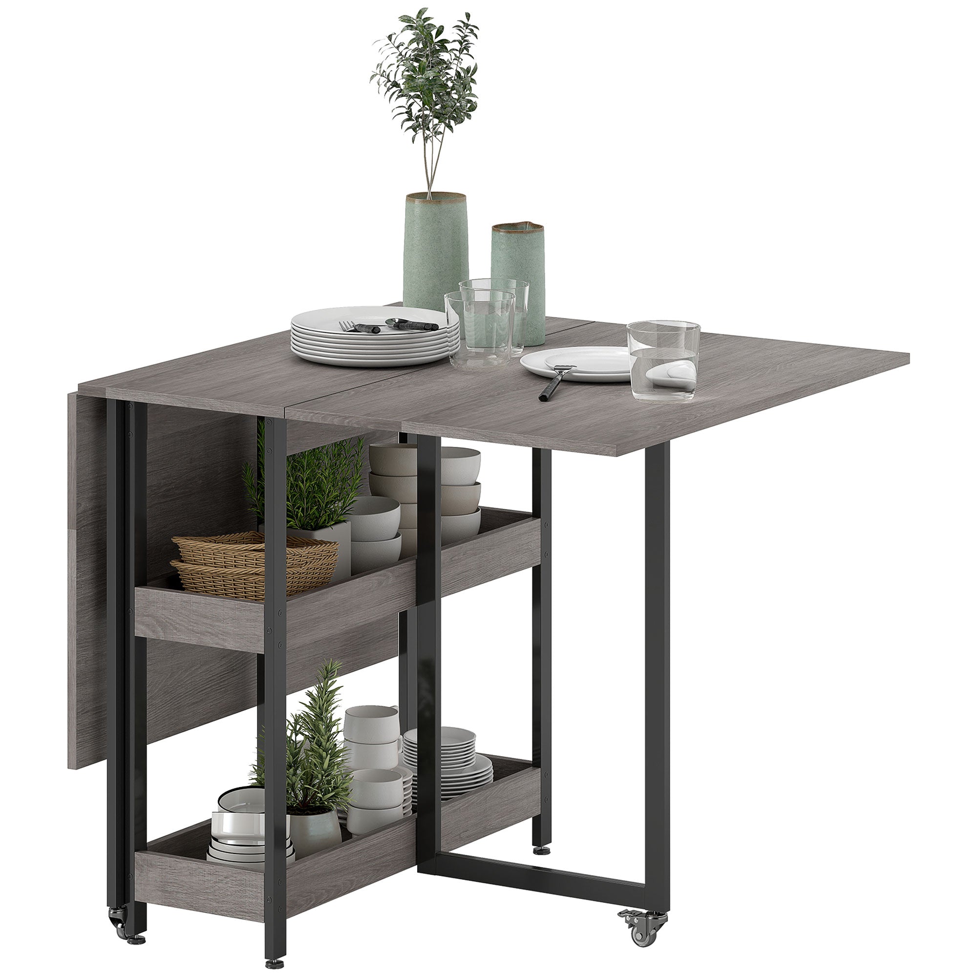 HOMCOM Klappbarer Esstisch im Industriedesign, für bis zu 4 Personen, offene Regale, flexibel, Metall, Spanplatte, Grau
