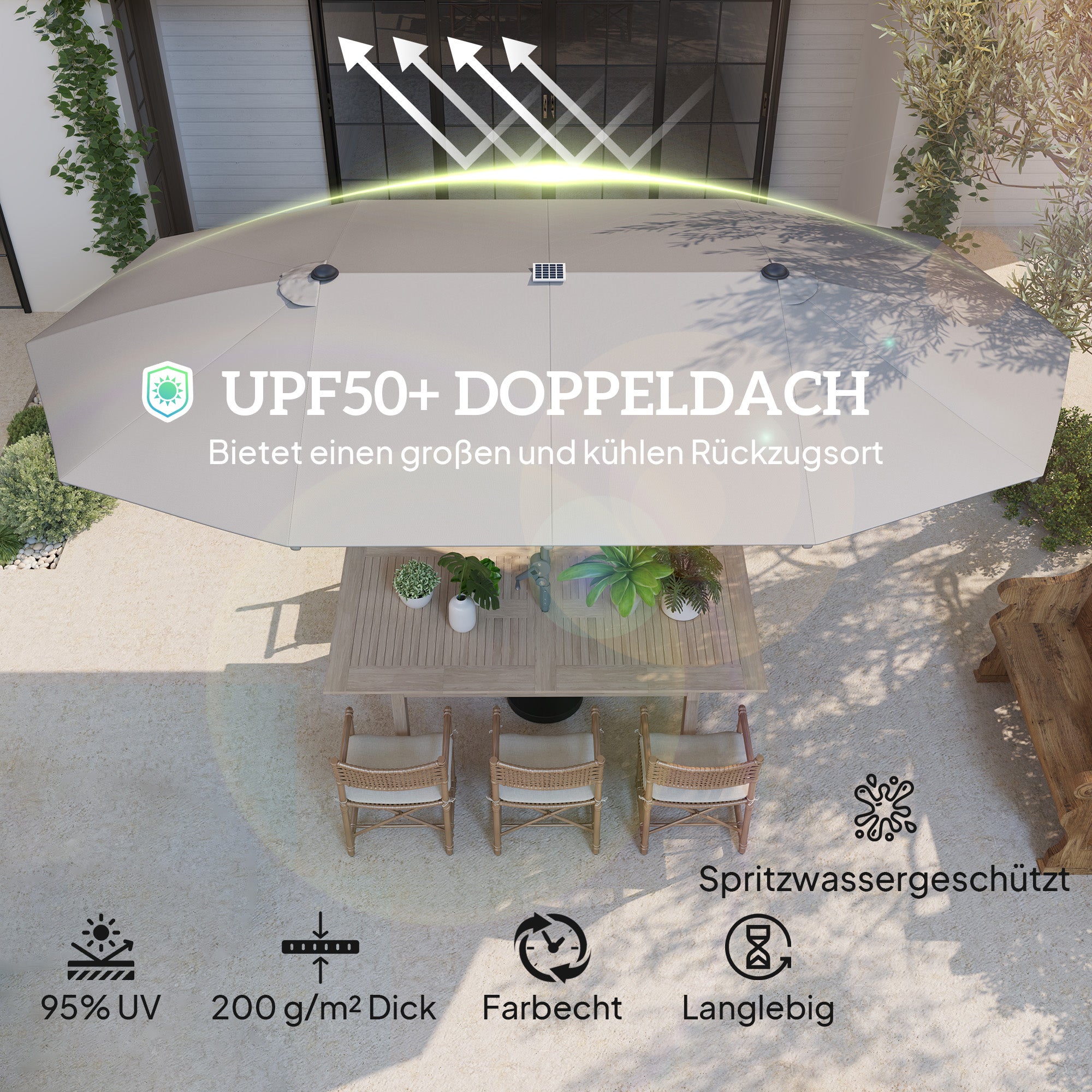 Outsunny Doppelschirm mit Solar-Lichtern, Aluminium, Polyester, UPF50+ Schutz, UV-beständig, Terrassenschirm, Dunkelgrau