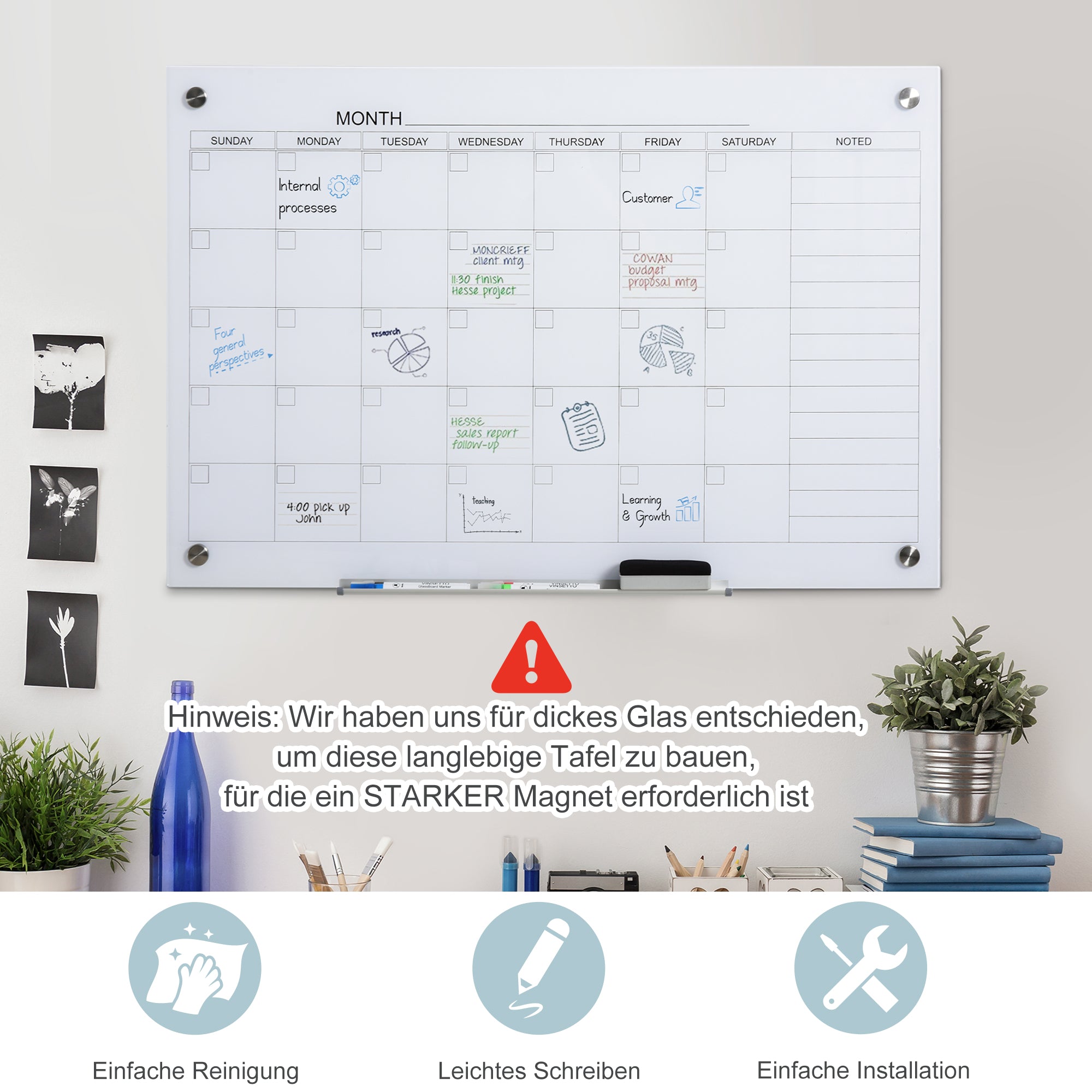 Vinsetto Whiteboard Whiteboard Kalender für Organisation Ferienpläne und Monatsplanungen inkl. 1 Stifthalter, 4 Marker & Radierer 90 x 60 cm