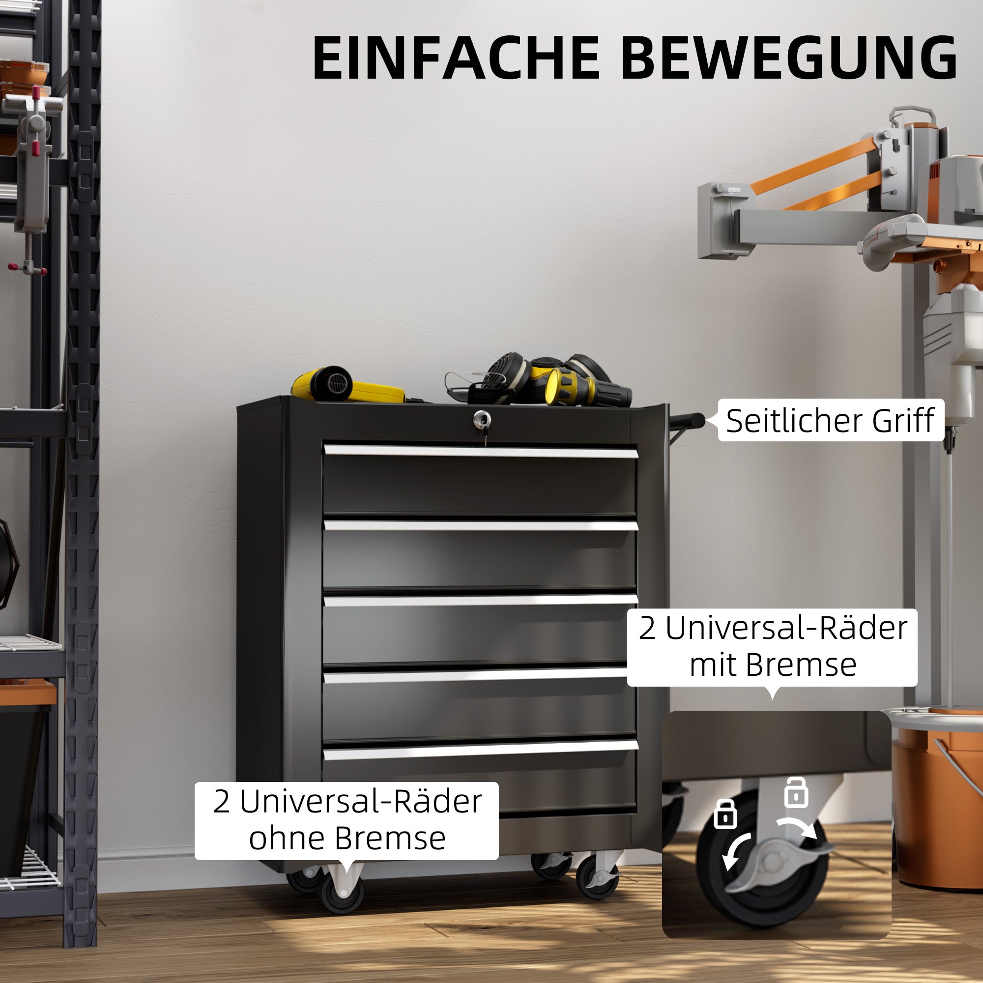 HOMCOM Werkzeugkiste, Werkzeugschrank, rollbar, 5 Schubladen, Stahl, Schwarz