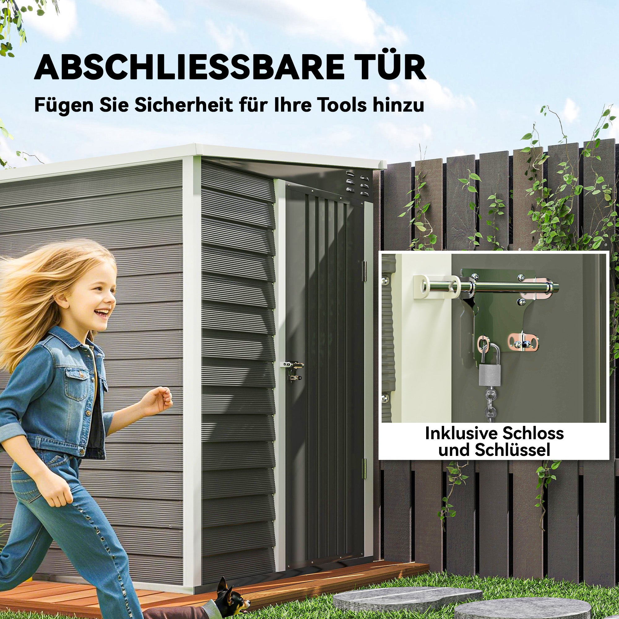 Outsunny Gartenschuppen aus Metall, verzinkter Stahl, verschließbare Tür, leichte Montage, 142 x 184 x 165/181 cm, Grau