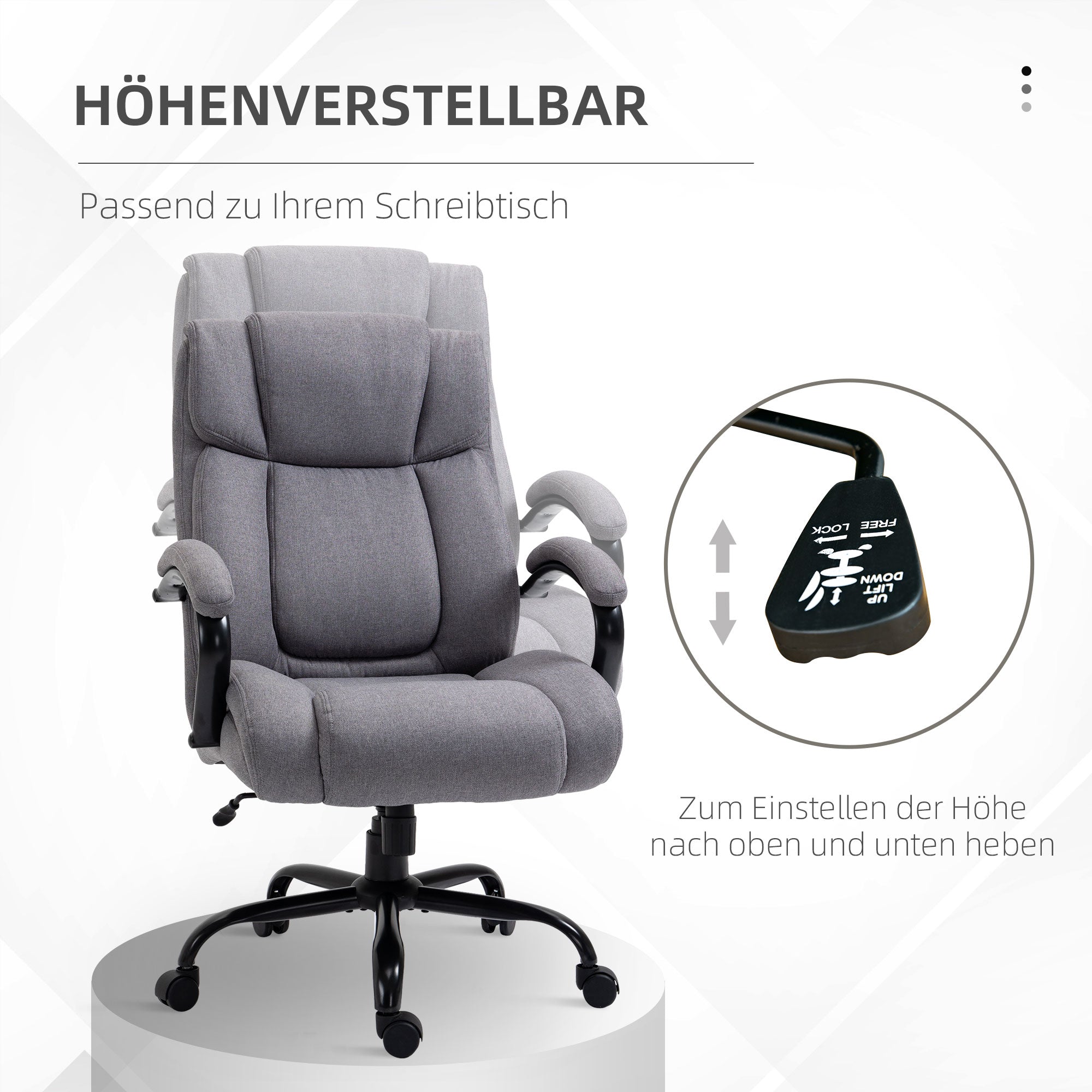 Vinsetto Bürostuhl, Ergonomischer Chefsessel, Gepolsterter Schreibtischstuhl mit Armlehne, Höhenverstellbarer Drehstuhl mit Wippfunktion, Leinenoptik, bis 220 kg belastbar, Hellgrau
