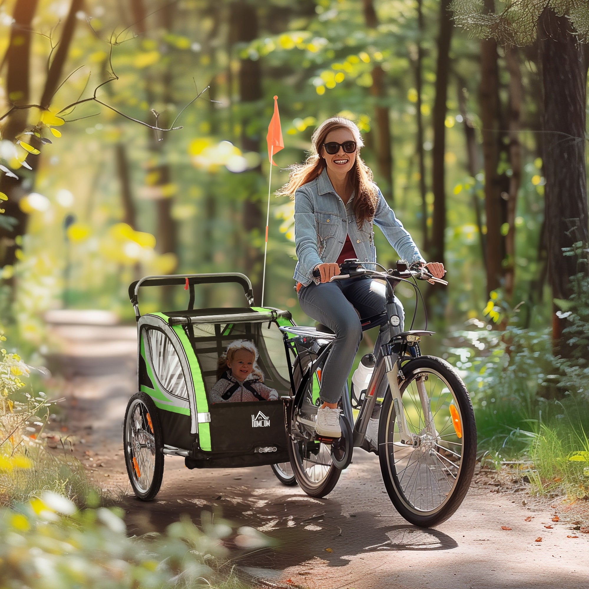 HOMCOM 2-in-1 Fahrradanhänger für 2 Kinder, Schiebefunktion, Regenschutz, Bremse, Grün