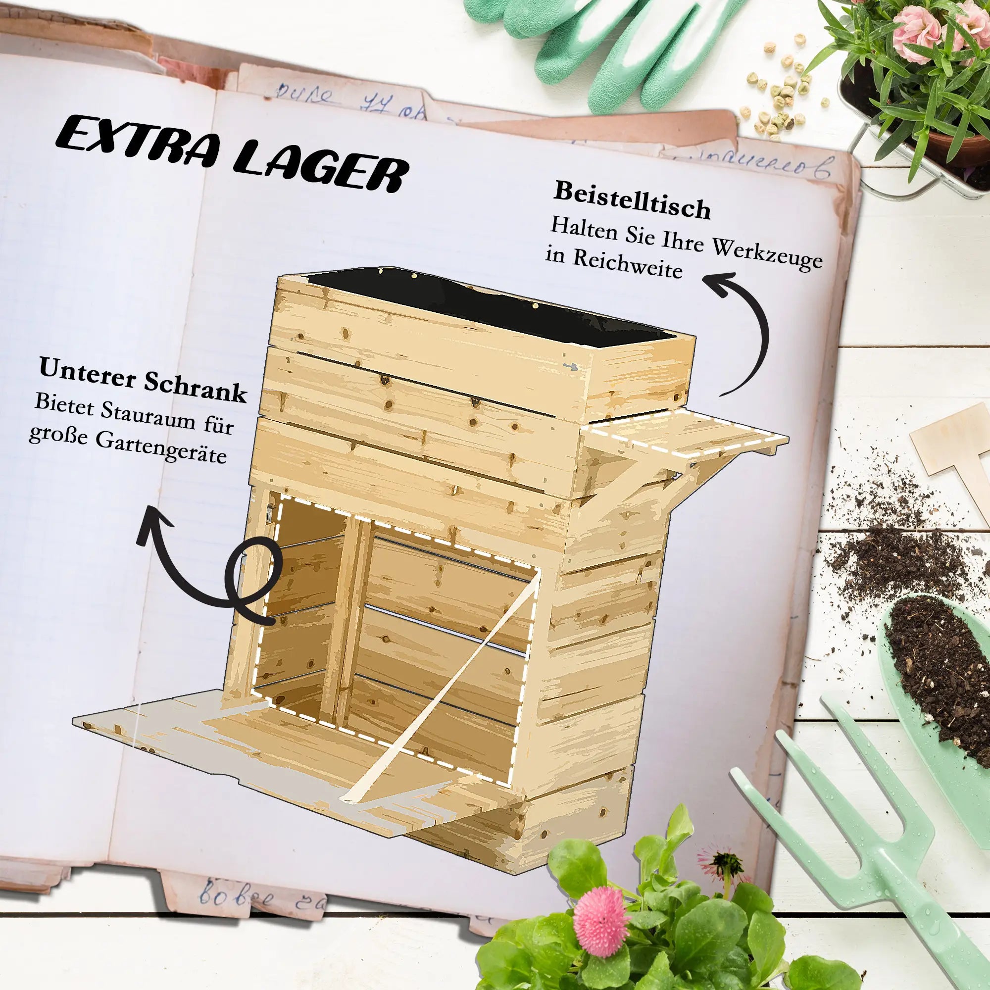 Outsunny Hochbeet Pflanzkasten mit Ablage erhöht Massivholz