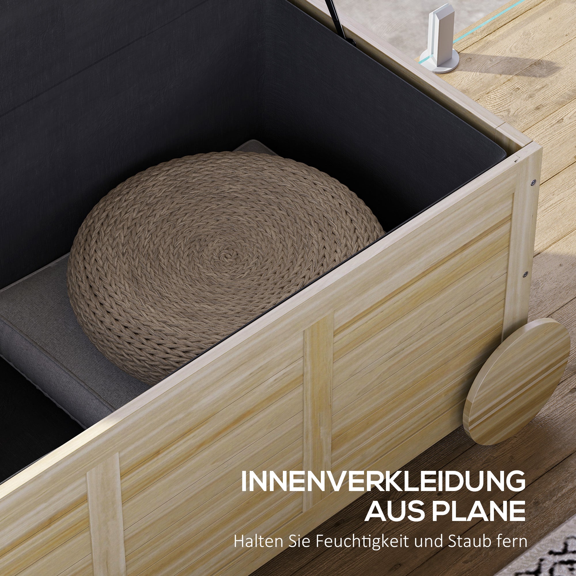 Outsunny 185 L Außenlagerbox, Lagerkiste mit Rädern, wetterbeständig, Tannenholz, 110 x 50 x 50 cm, Hellbraun