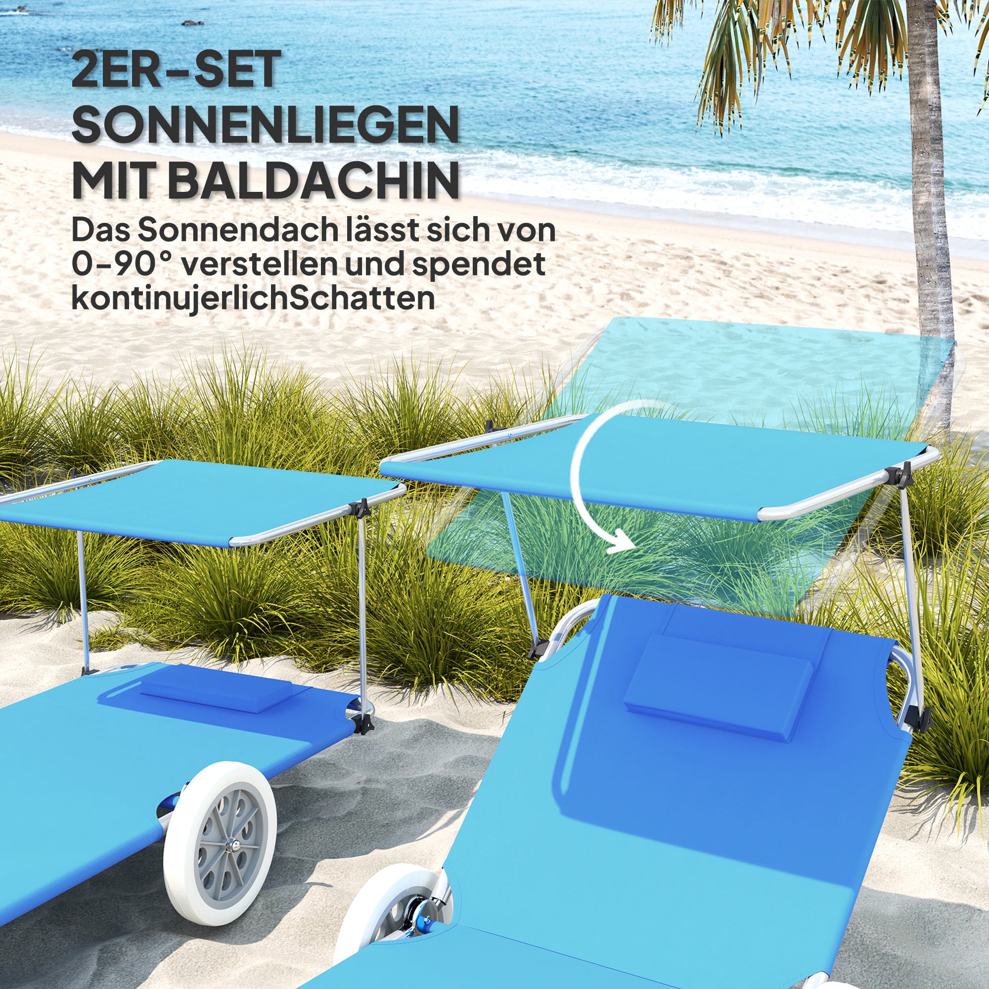Outsunny Sonnenliege klappbar Gartenliege mit Kopfkissen Dach, Rolle Liegestuhl mit verstellbare Rückenlehne Blau