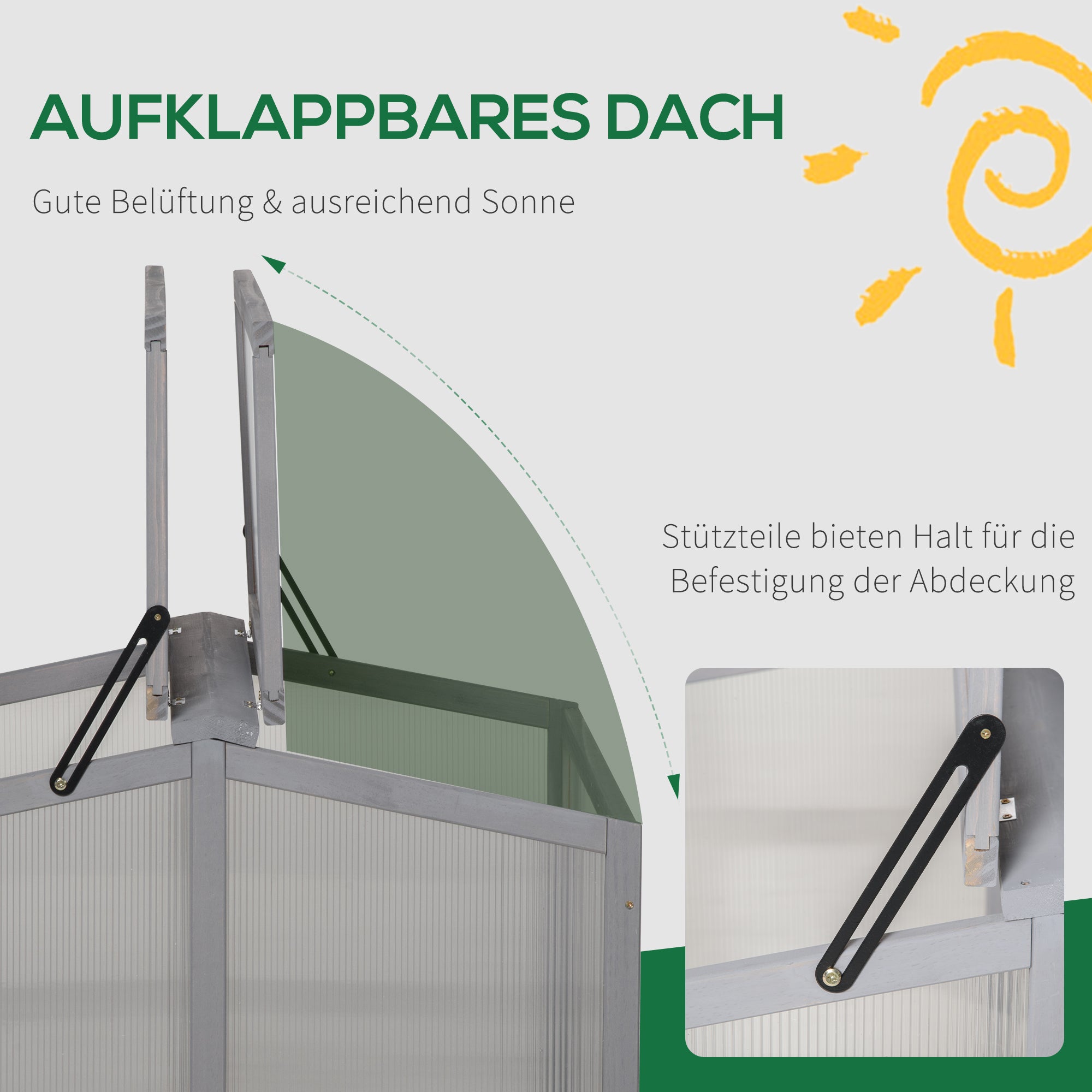 Outsunny Frühbeet Treibhaus Gewächshaus Frühbeetkasten Pflanzenbeet mit Abdeckung aus Holz und Polycarbonat wetterfest Hellgrau 90 x 80 x 58 cm