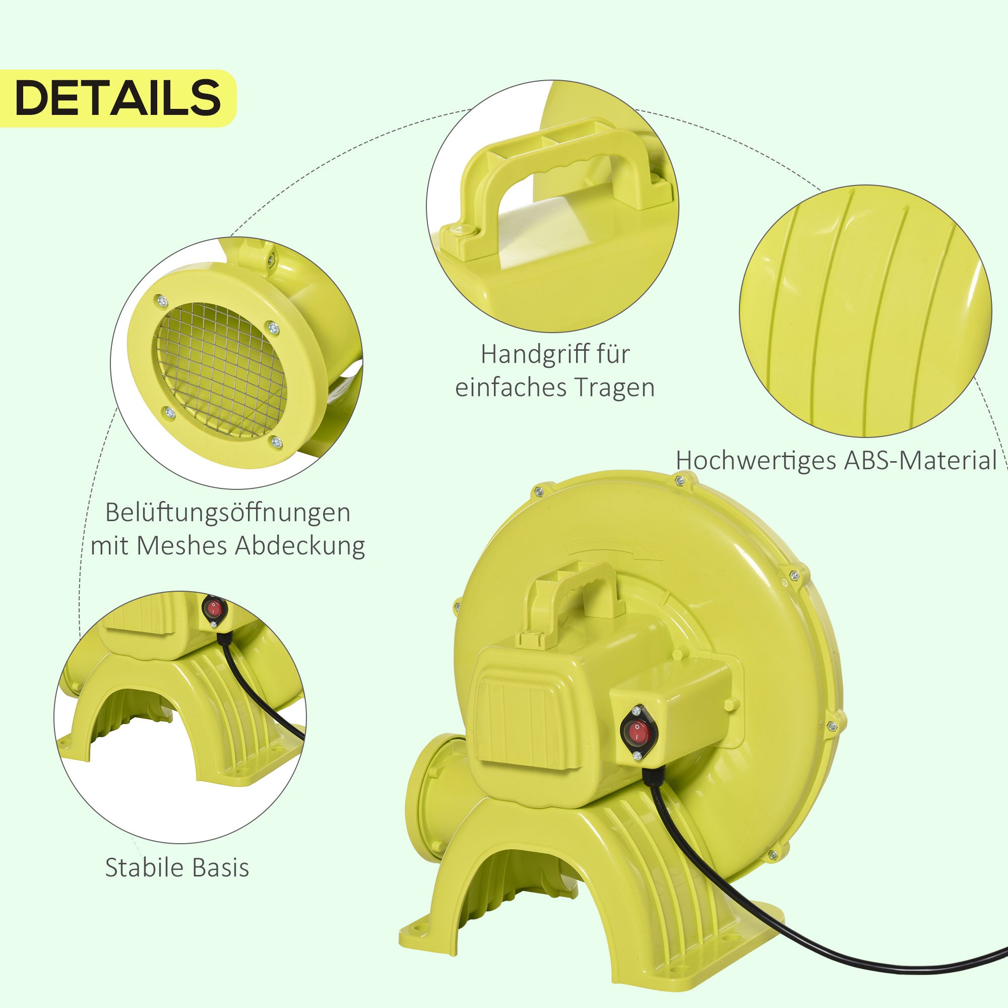 Outsunny 450W elektrische Luftpumpe Hüpfburg Gebläsepumpe Ventilator mit Griff Dauergebläse leichtgewichtig tragbar für aufblasbare Spielzeuge ABS Gelb+Grün 35 x 26 x 33,5 cm