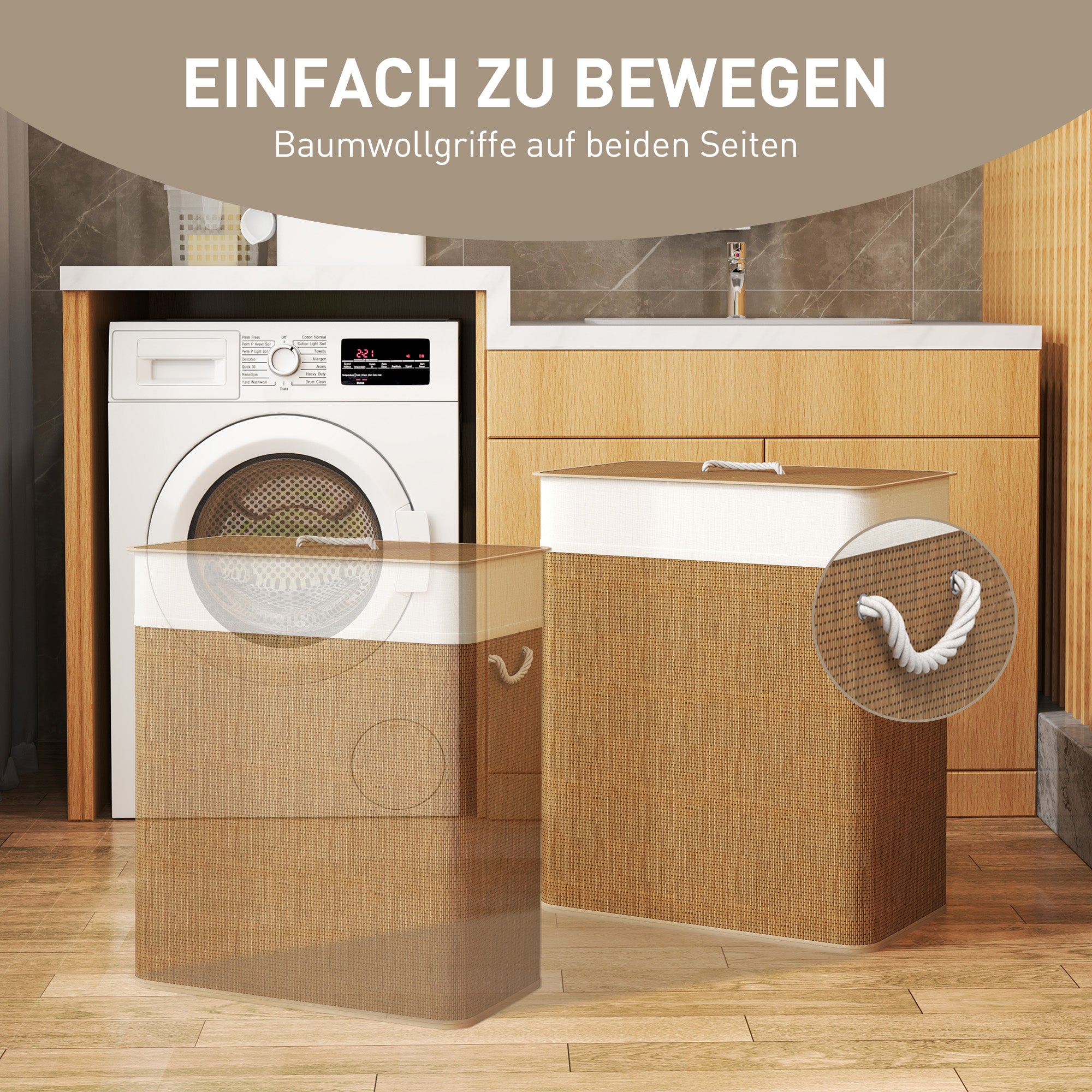 HOMCOM Bambus Wäschekorb mit Deckel 2 Fächer 100 L Wäschesammler mit Seilgriffen, herausnehmbarer Wäschesack