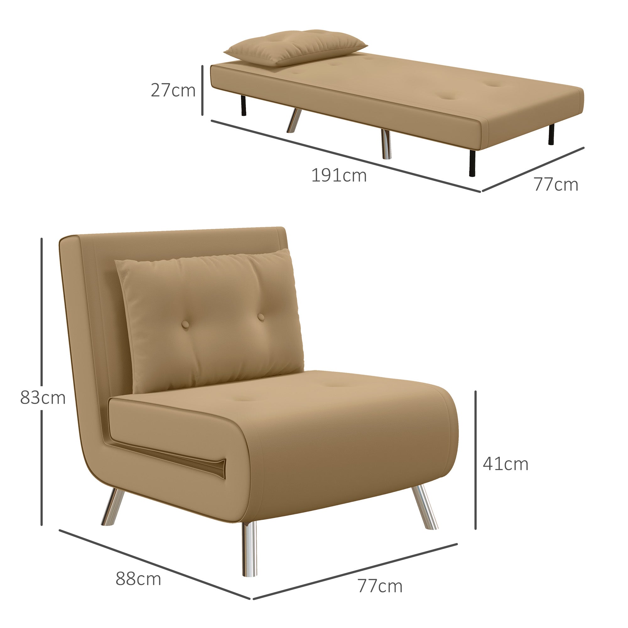HOMCOM Liegesessel Sessel mit Liegefunktion Schlafsessel, Knopfheftung, Leinenoptik, 77 cm x 88 cm x 83 cm, Braun