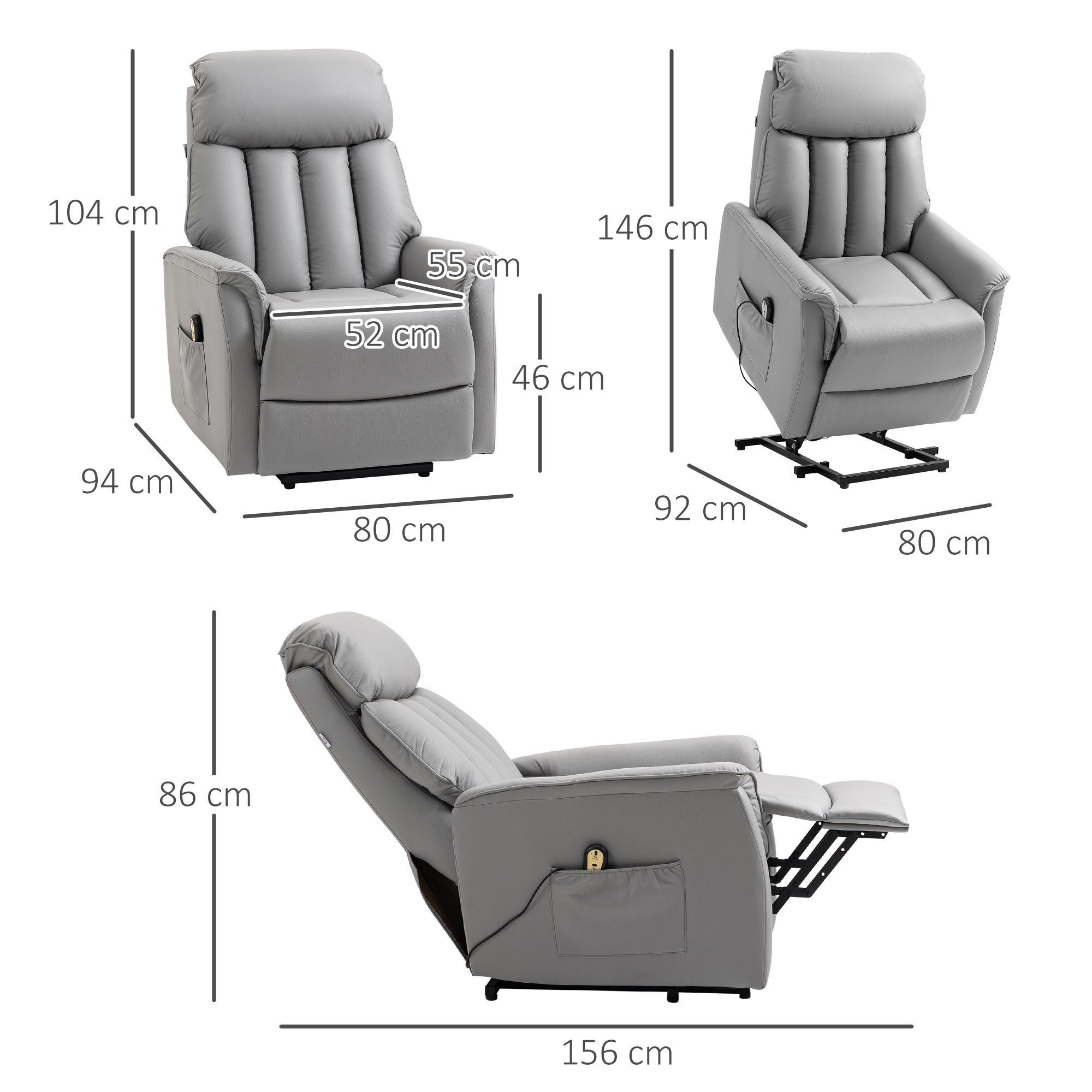HOMCOM Aufstehsessel Relaxsessel Fernsehsessel, inkl. Kabelfernbedieung, 1 Seitentasche,  80 x 94 x 104 cm, Grau
