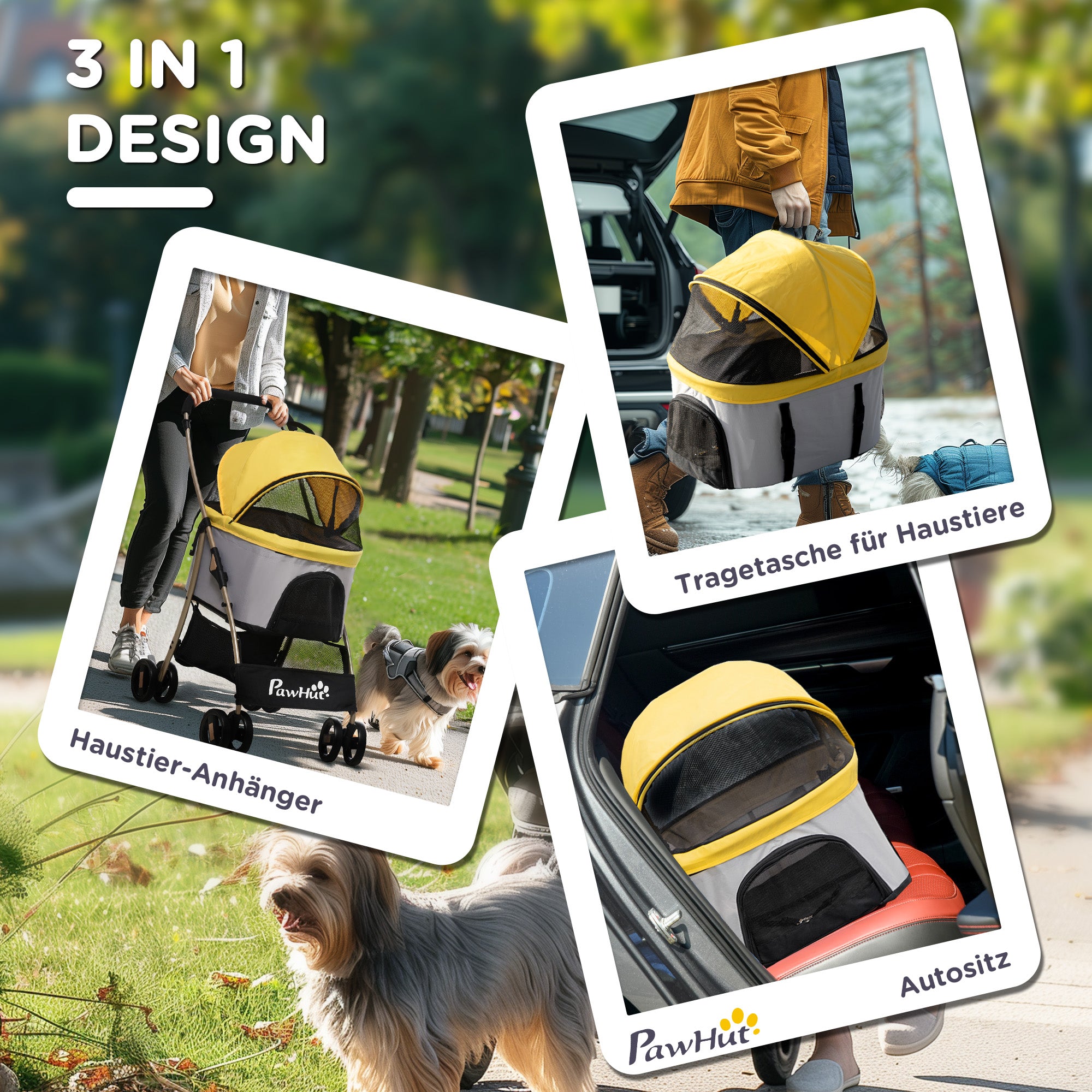 PawHut 2-in-1 Hundebuggy Hundetrolley bis 10 kg klappbar Tragtasche Bodenkorb  82 cm x 49,5 cm x 98 cm Gelb