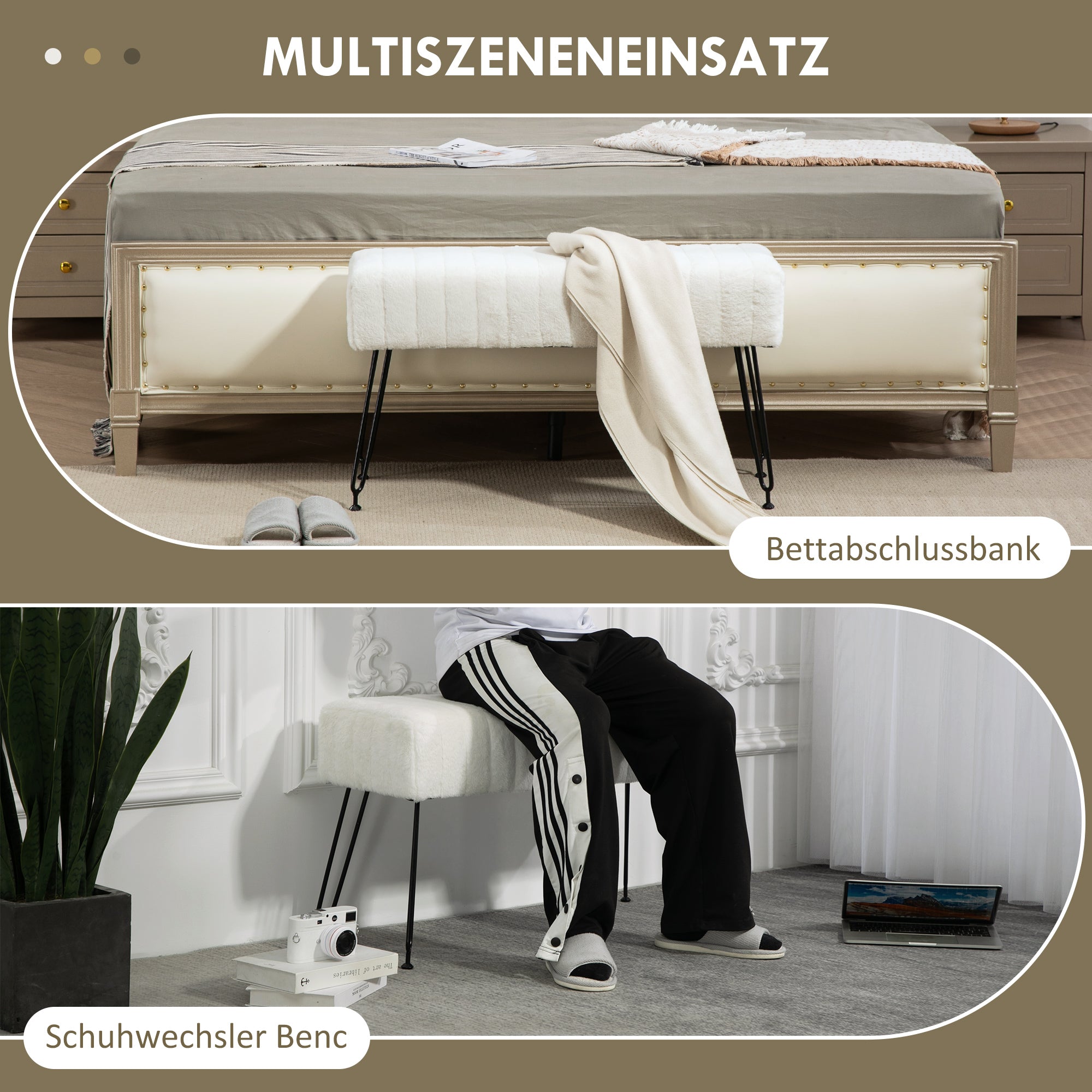 HOMCOM Sitzbank, gesteppter Sitz, Kunstfellbezug, Metallbeine, bis 120 kg, 82x30x47 cm,  Cremeweiß/Schwarz