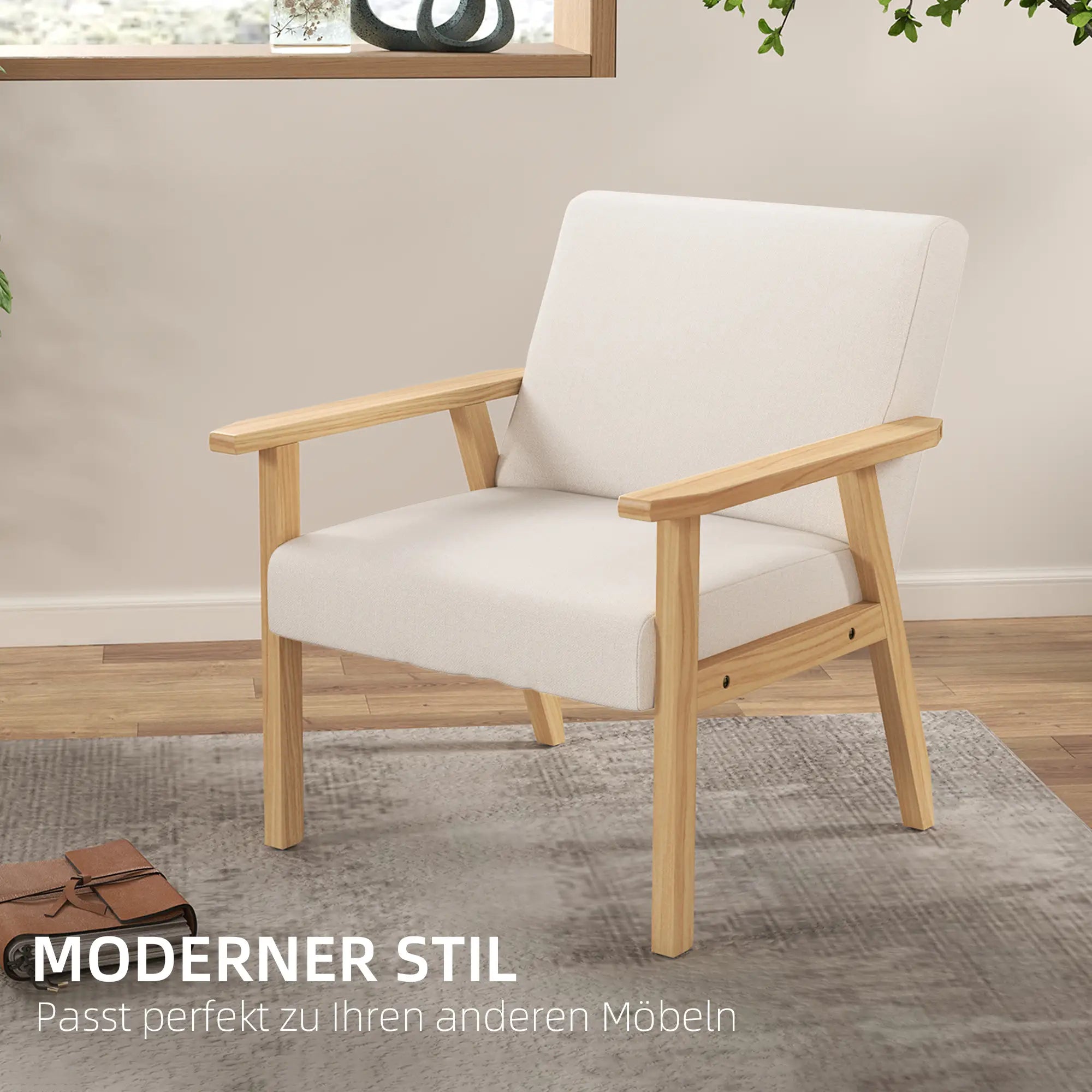 HOMCOM Polstersessel mit Armlehnen, Esszimmerstuhl in Leinenoptik, Massivholzrahmen, 64 x 70 x 72 cm, Creme