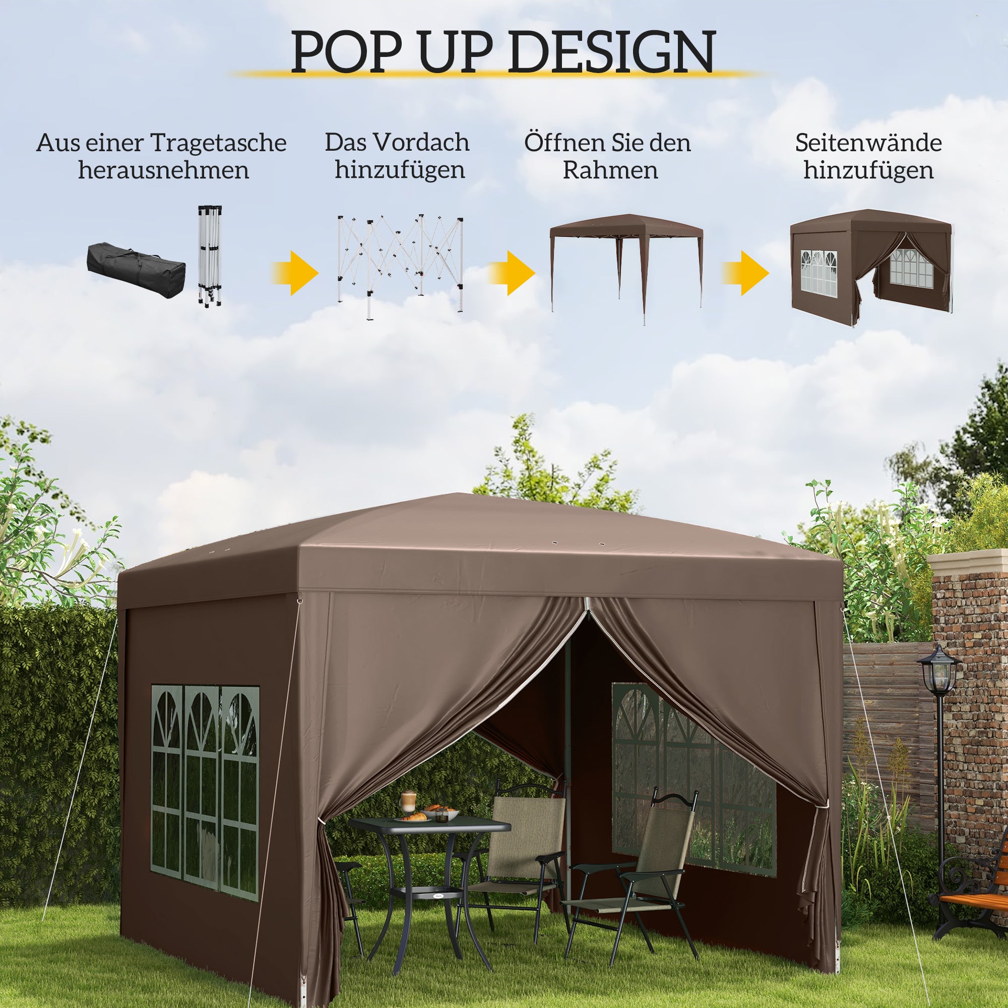Outsunny 3 x 3 m Pavillon mit 4 Seitenwänden, Fenster, Festzelt mit UV-Schutz, Gartenzelt inkl. Tragetasche, Stahl, Kaffee