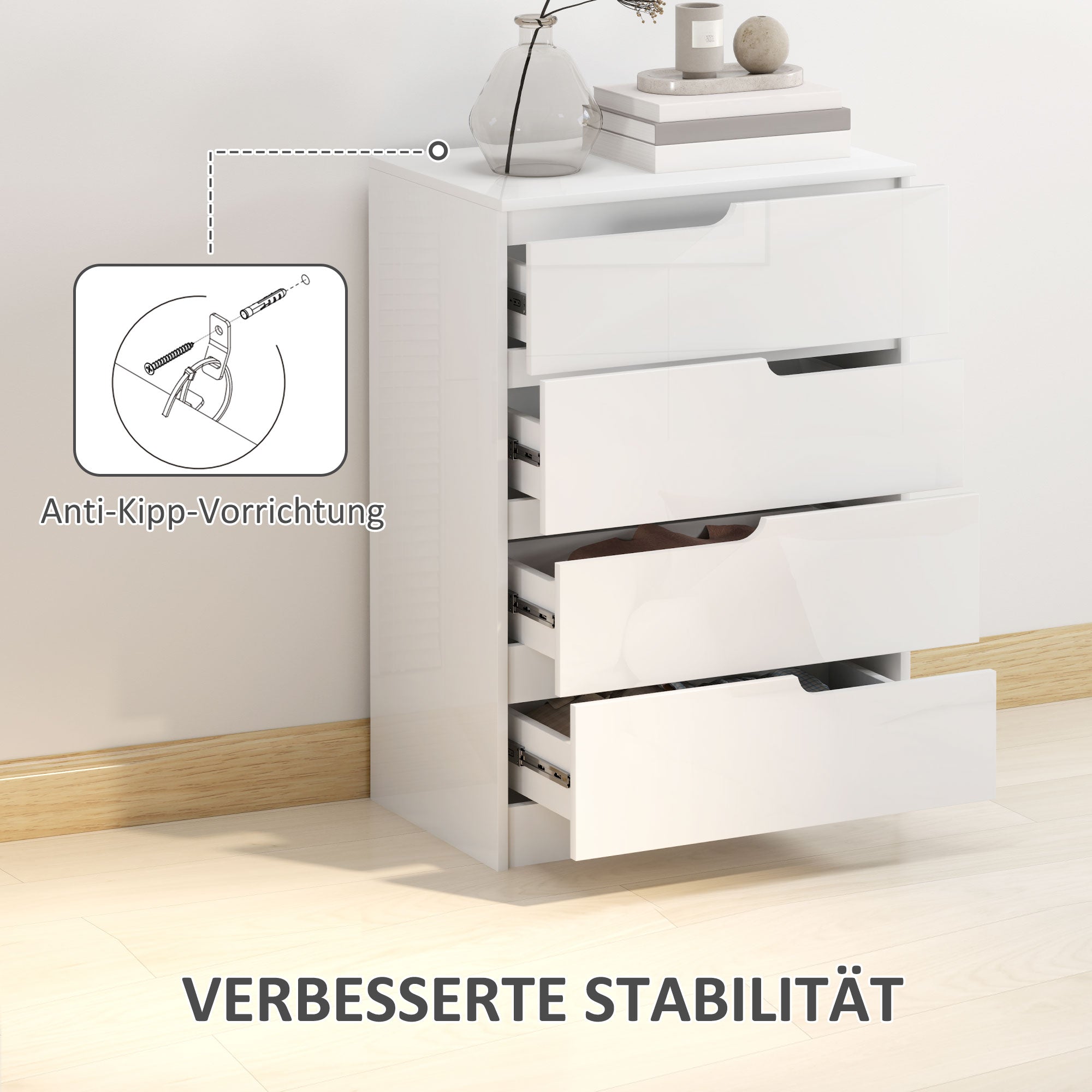 HOMCOM Moderne Kommode, Kleiderschrank, 4 Schubladen, Holz, Kippschutz, Fußpolster, Weiß