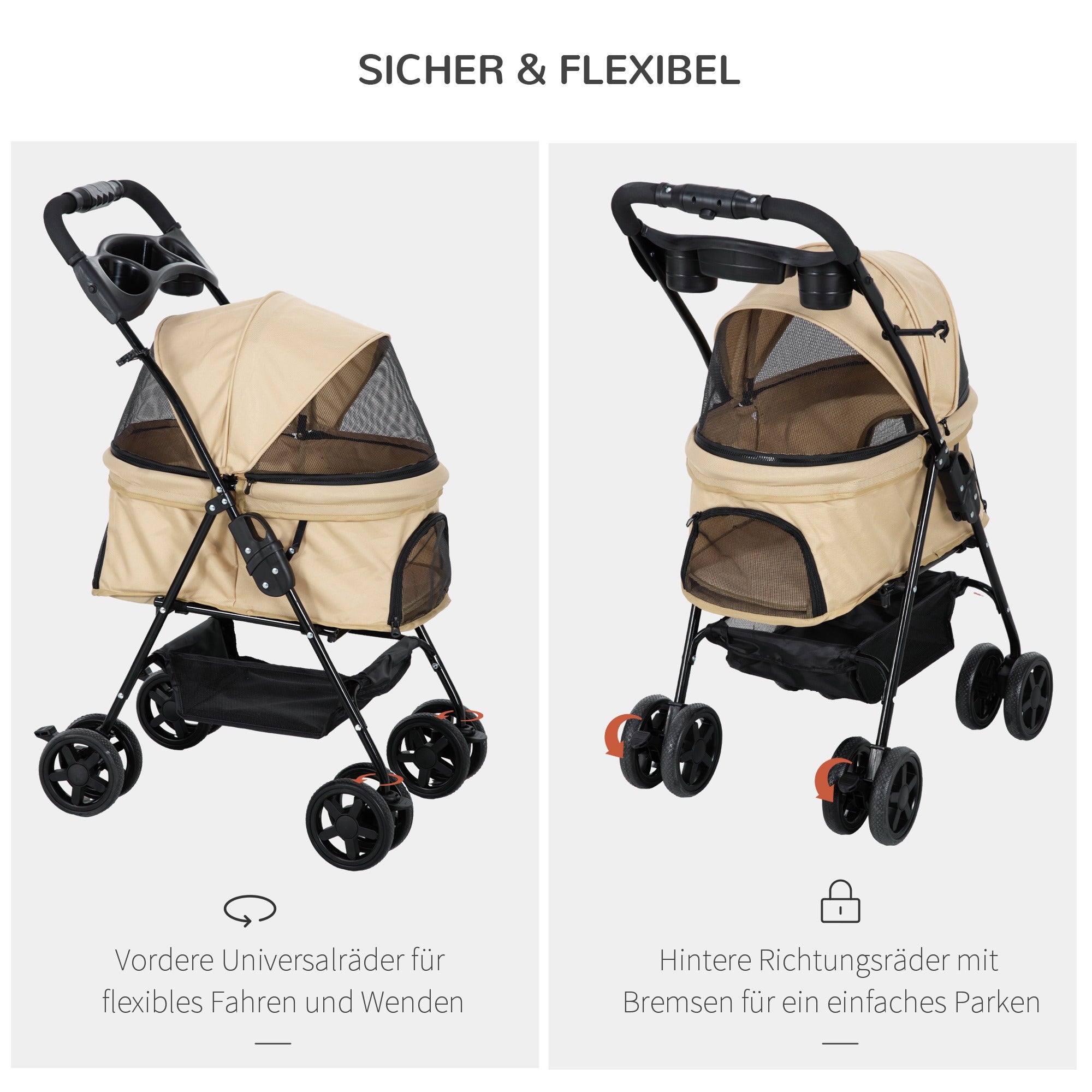 PawHut Hundewagen Hundebuggy, klappbar, 2 Sicherheitsleinen, 2 Becherhalter,  67 x 45 x 96 cm, Khaki