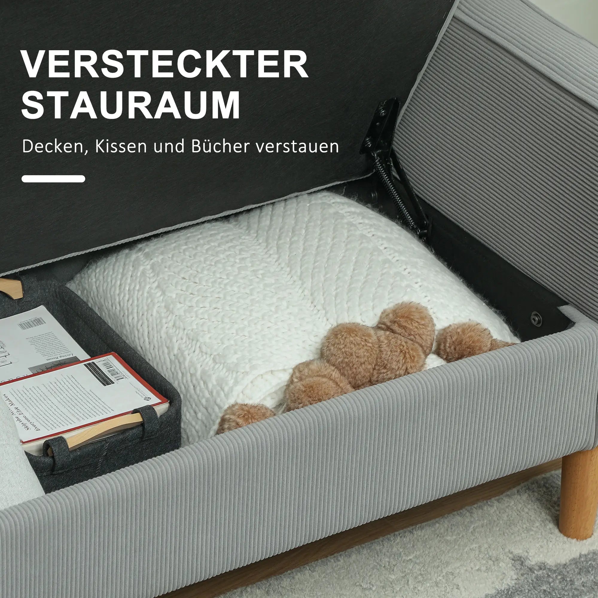 HOMCOM Zweisitzer Sofa mit Stauraum Cordoptik hellgrau