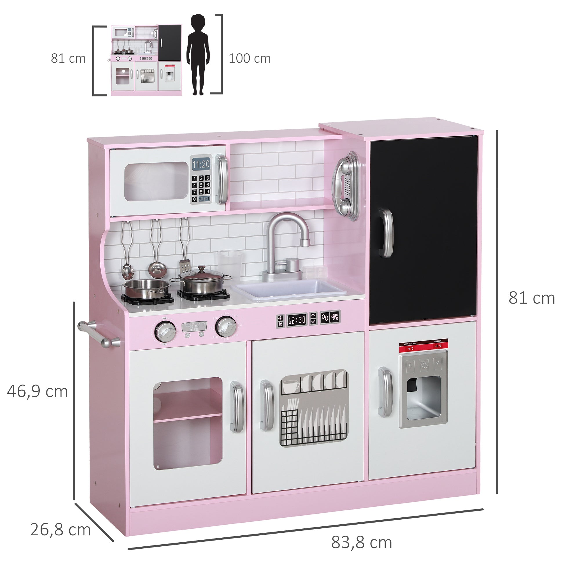 AIYAPLAY Spielküchen-Set mit Töpfen, Tafel, Telefon, Eismaschine, Herd, 83,8 x 26,8 x 81 cm, Pink